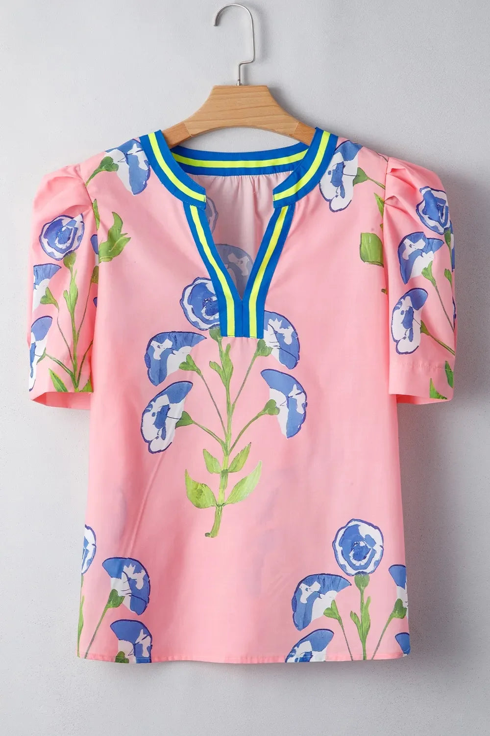 Printed Notched Puff Sleeve Blouse