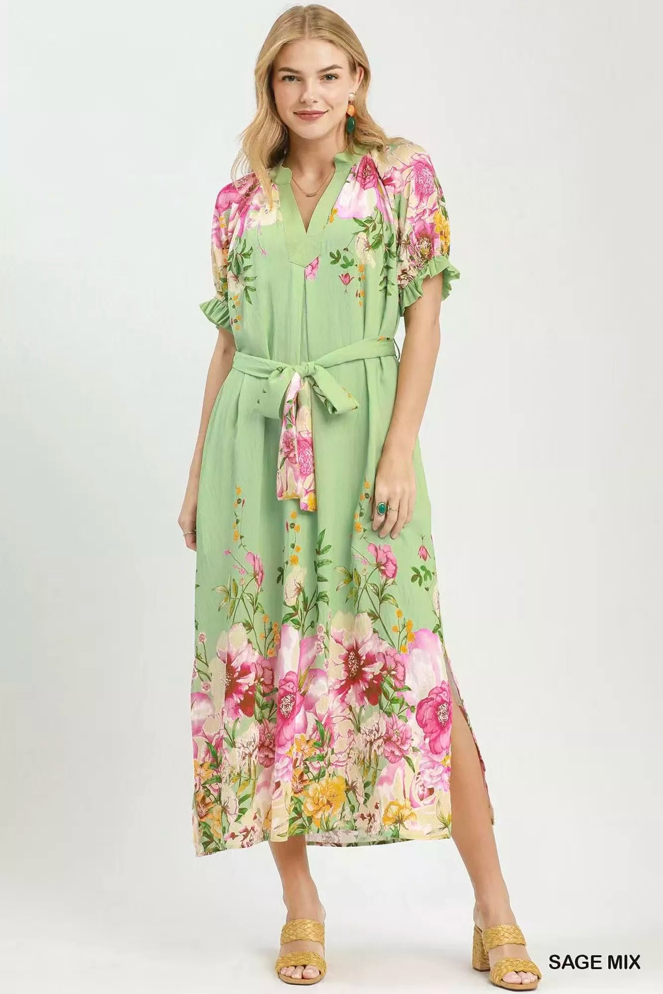 Umgee Mix Floral Border Print Midi Dress