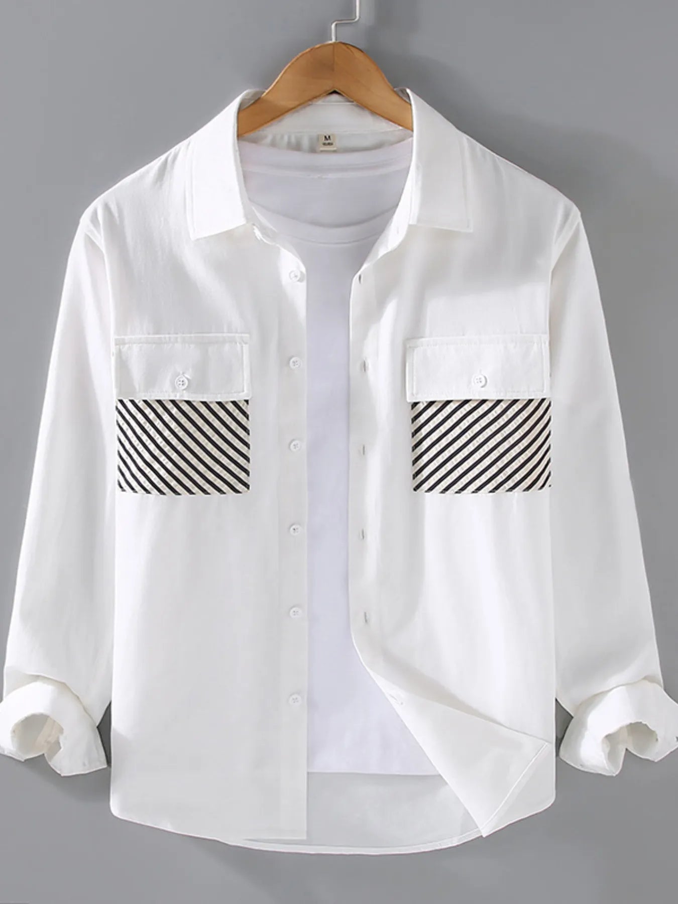 Men's Plus Size Button-Down Shirt with Striped Pocket Detail