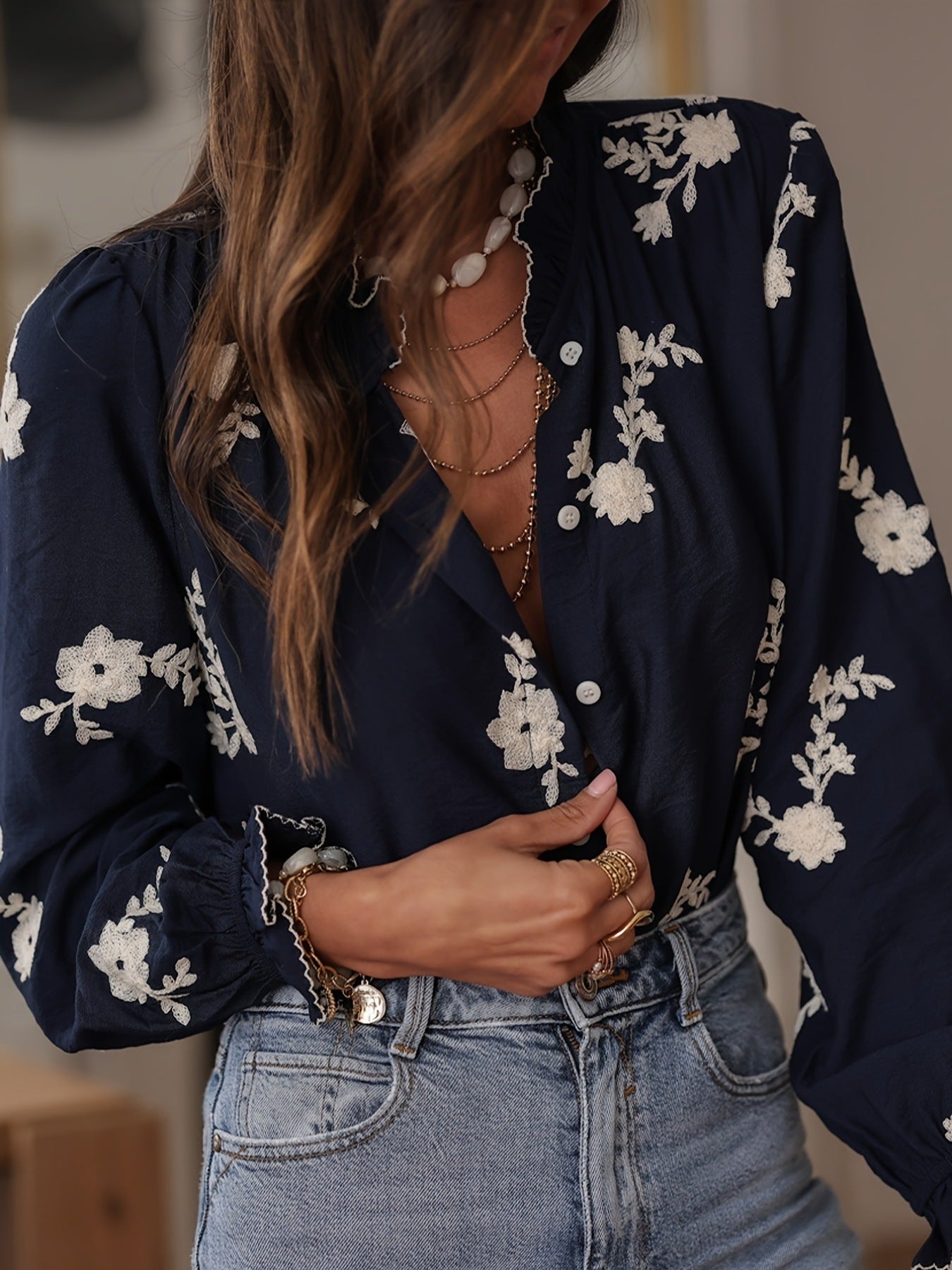 Floral Embroidered Button Down Shirt