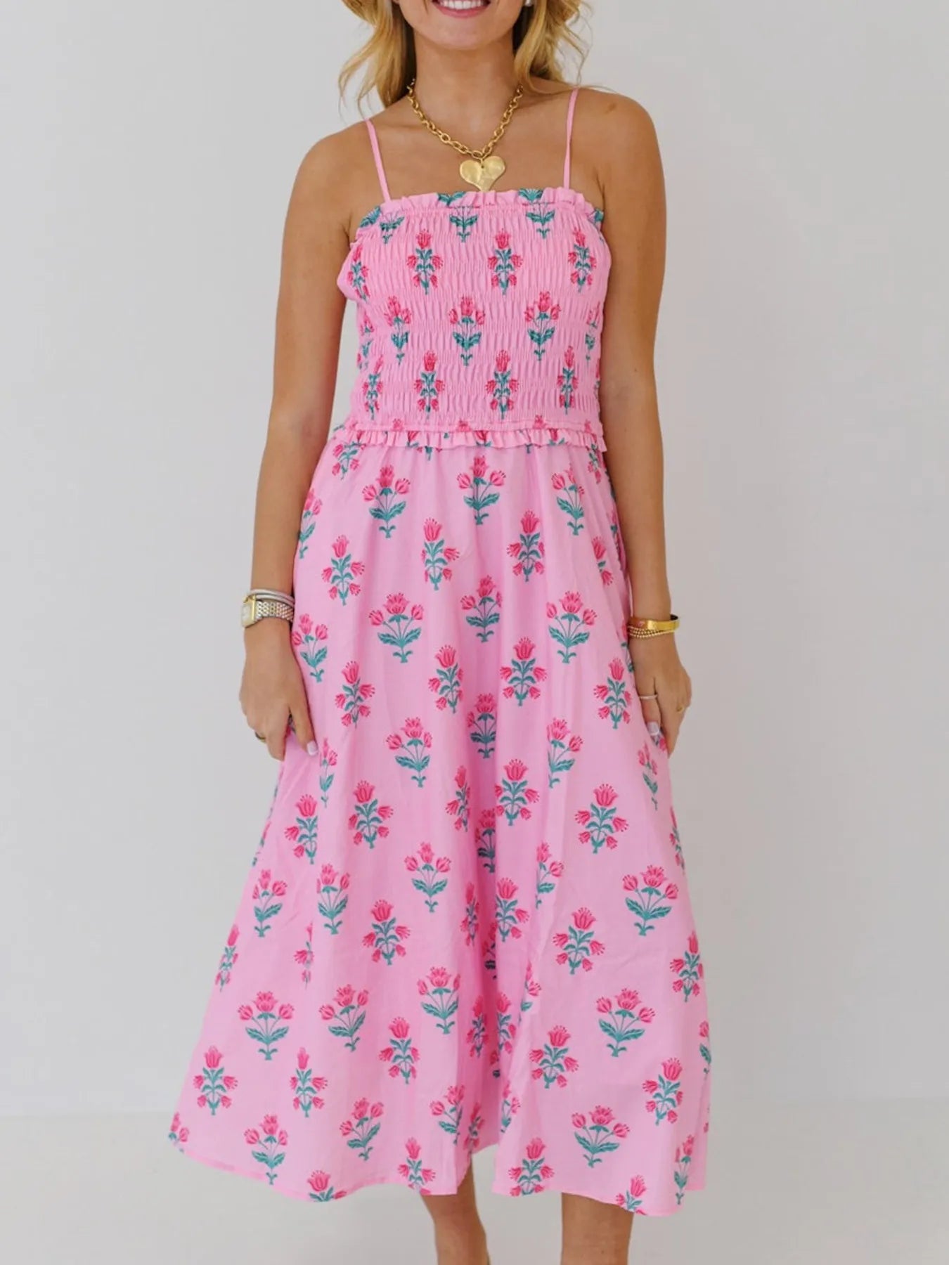 Floral Smocked Adjustable Strap Midi Cami Dress