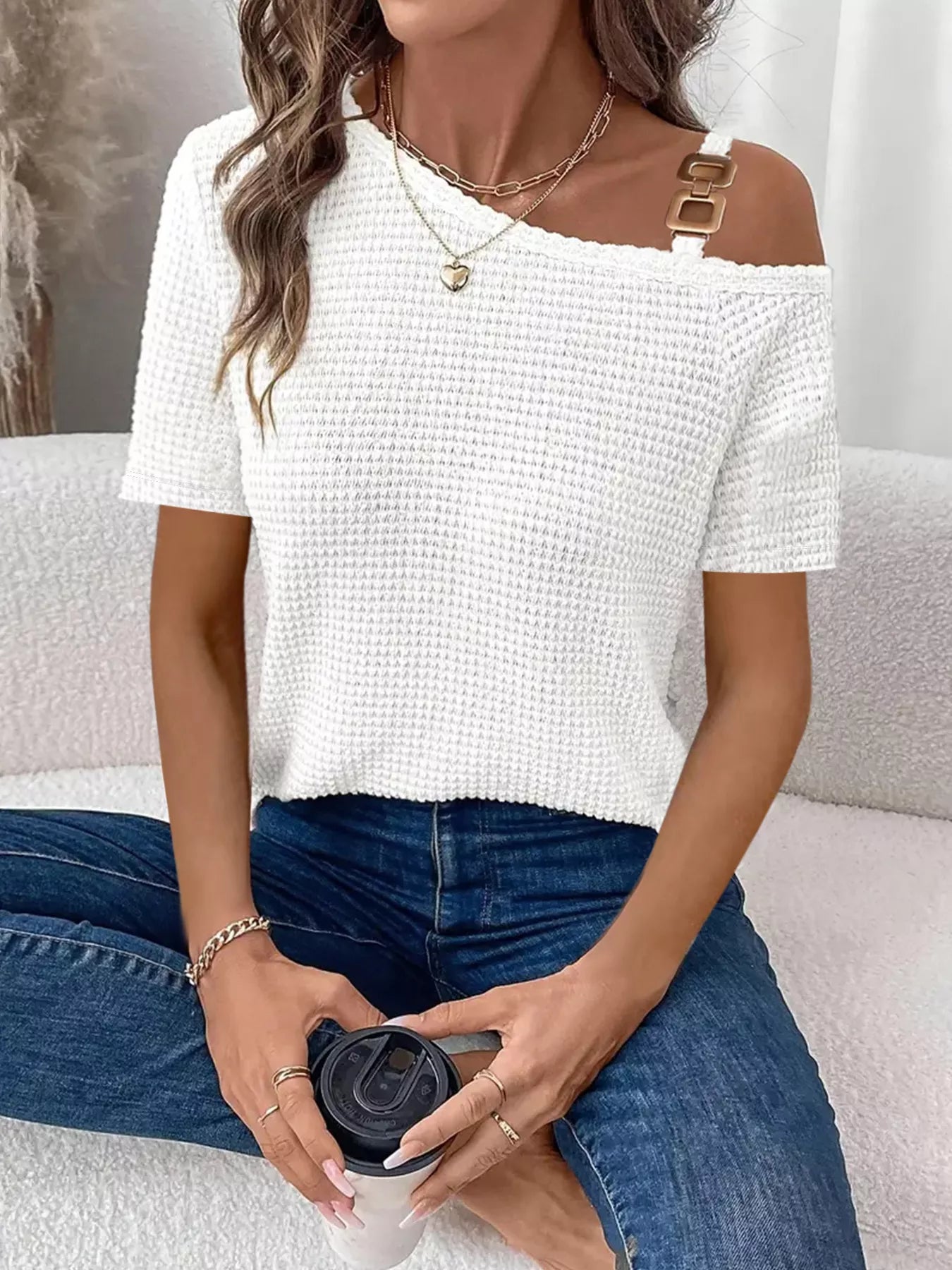 One-Shoulder Chain Detail Waffle Knit T-Shirt