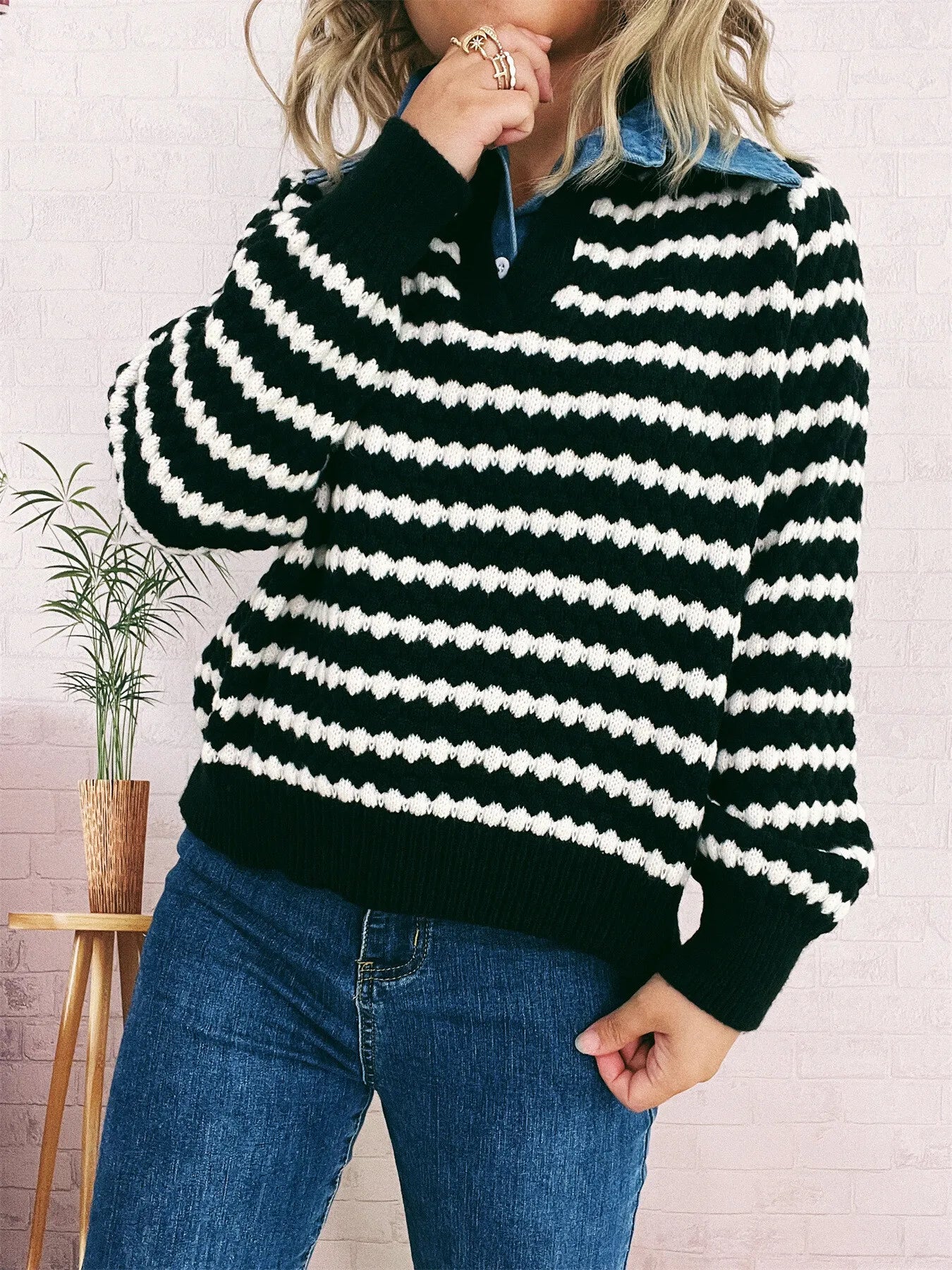 Contrast Striped Sweater with Denim Collar