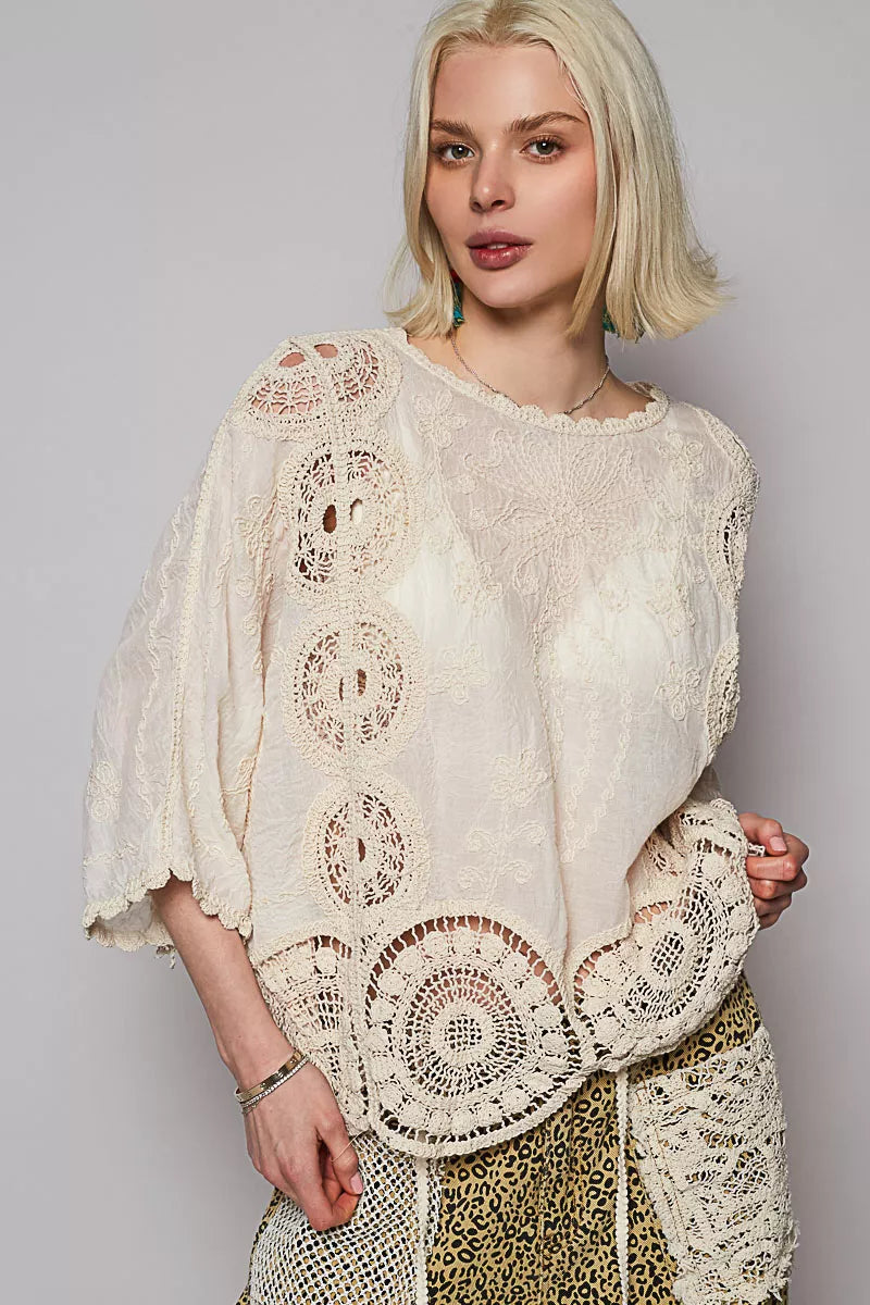 POL Round Neck Crochet Top with Floral Embroidery Detail