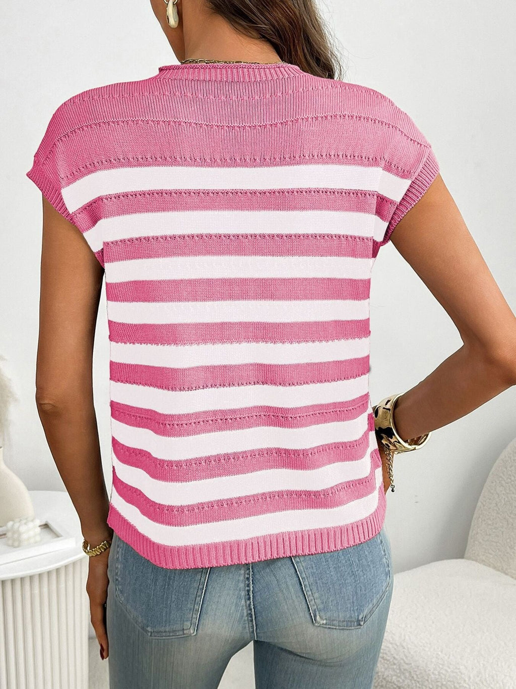 Striped Knit Pocket Detail Cap Sleeve Sweater