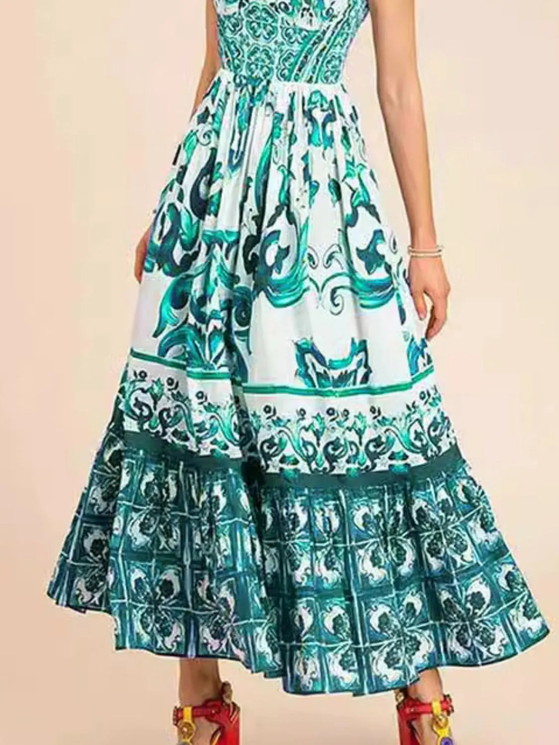 Smocked Printed Wide Strap Dress