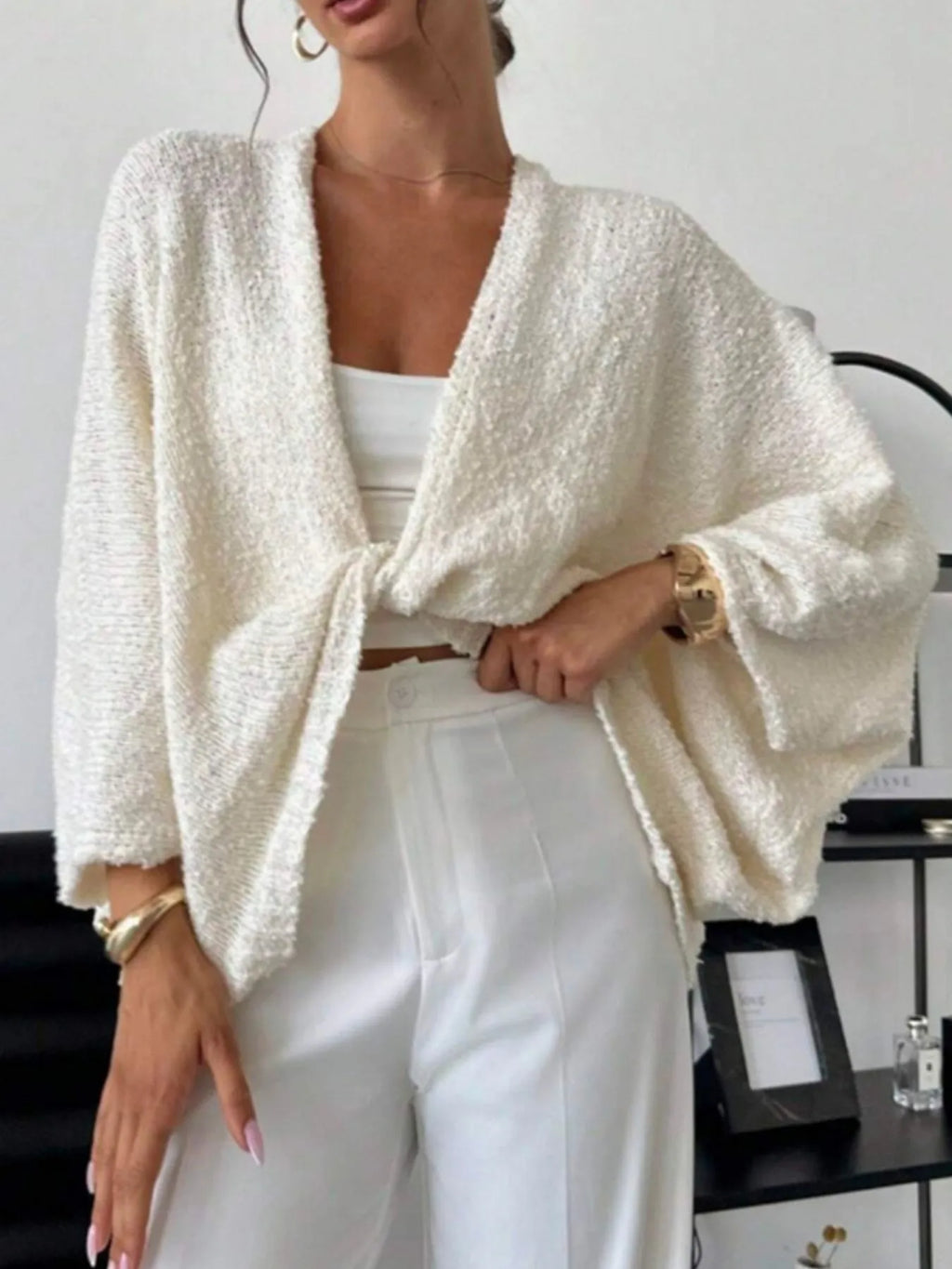 Twist-Front Textured Knit Cardigan