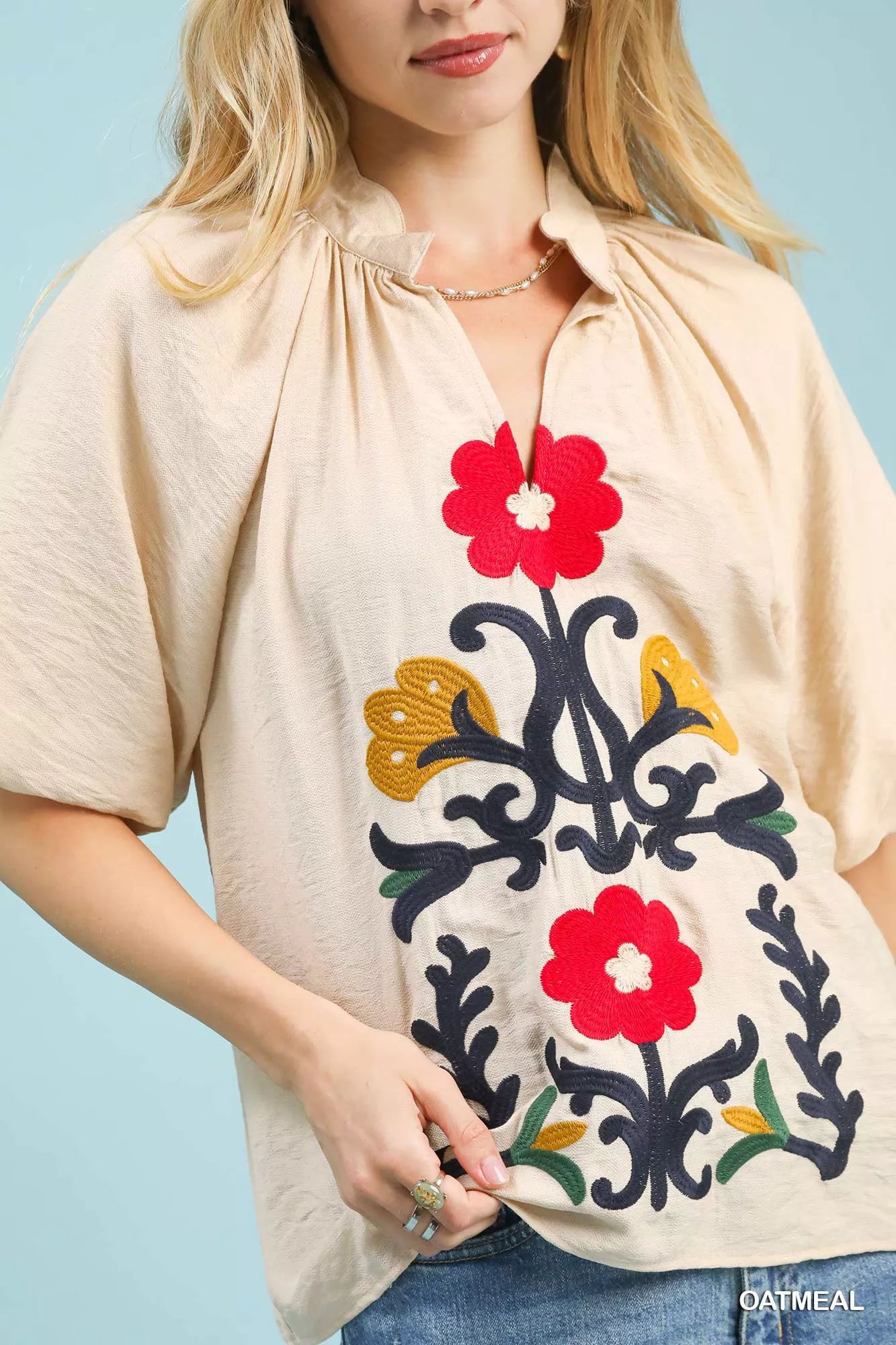 Umgee Embroidered Boho Puff Sleeve Blouse