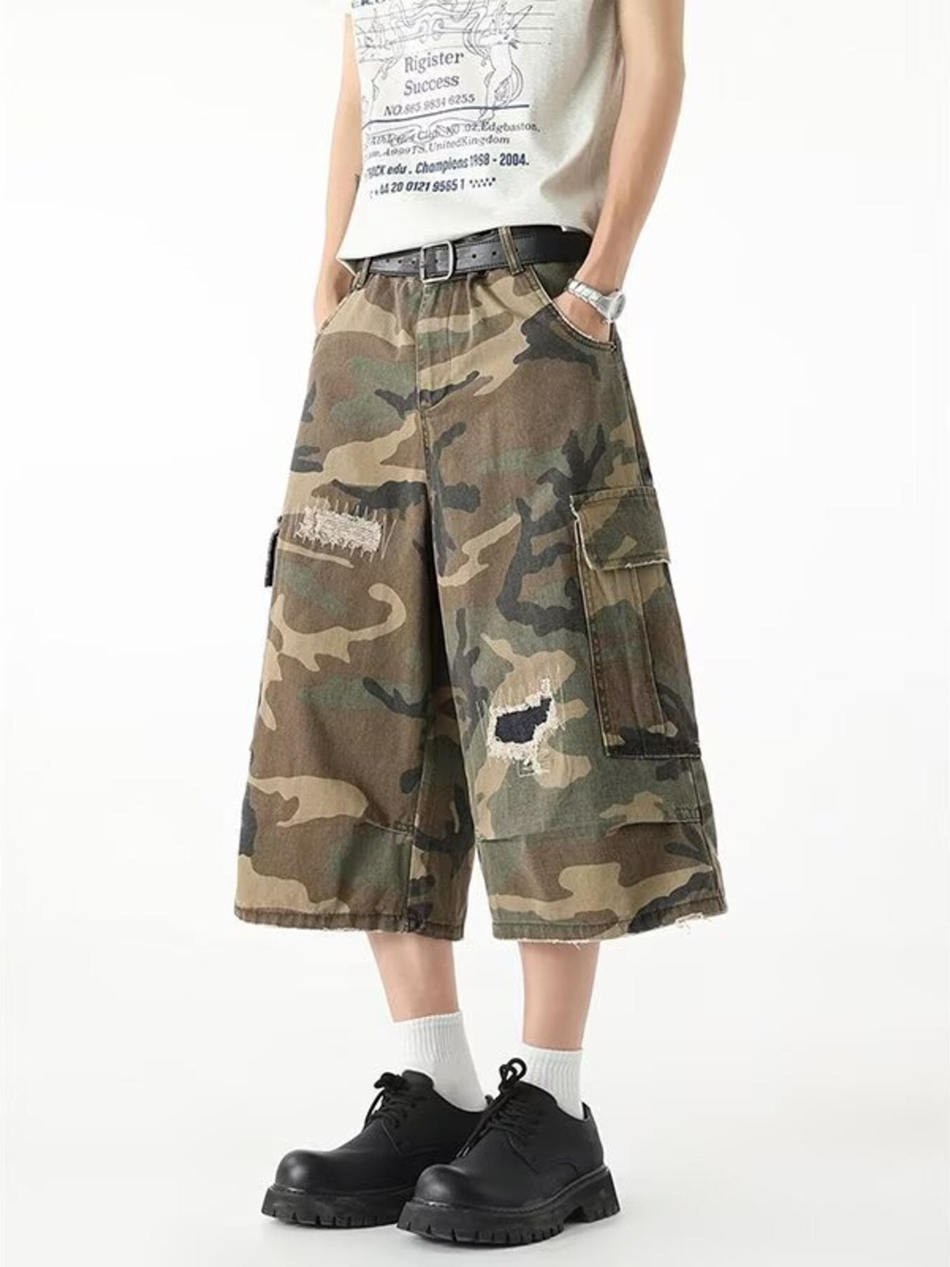 Men's Full Size Distressed Camouflage Denim Shorts Plus Size