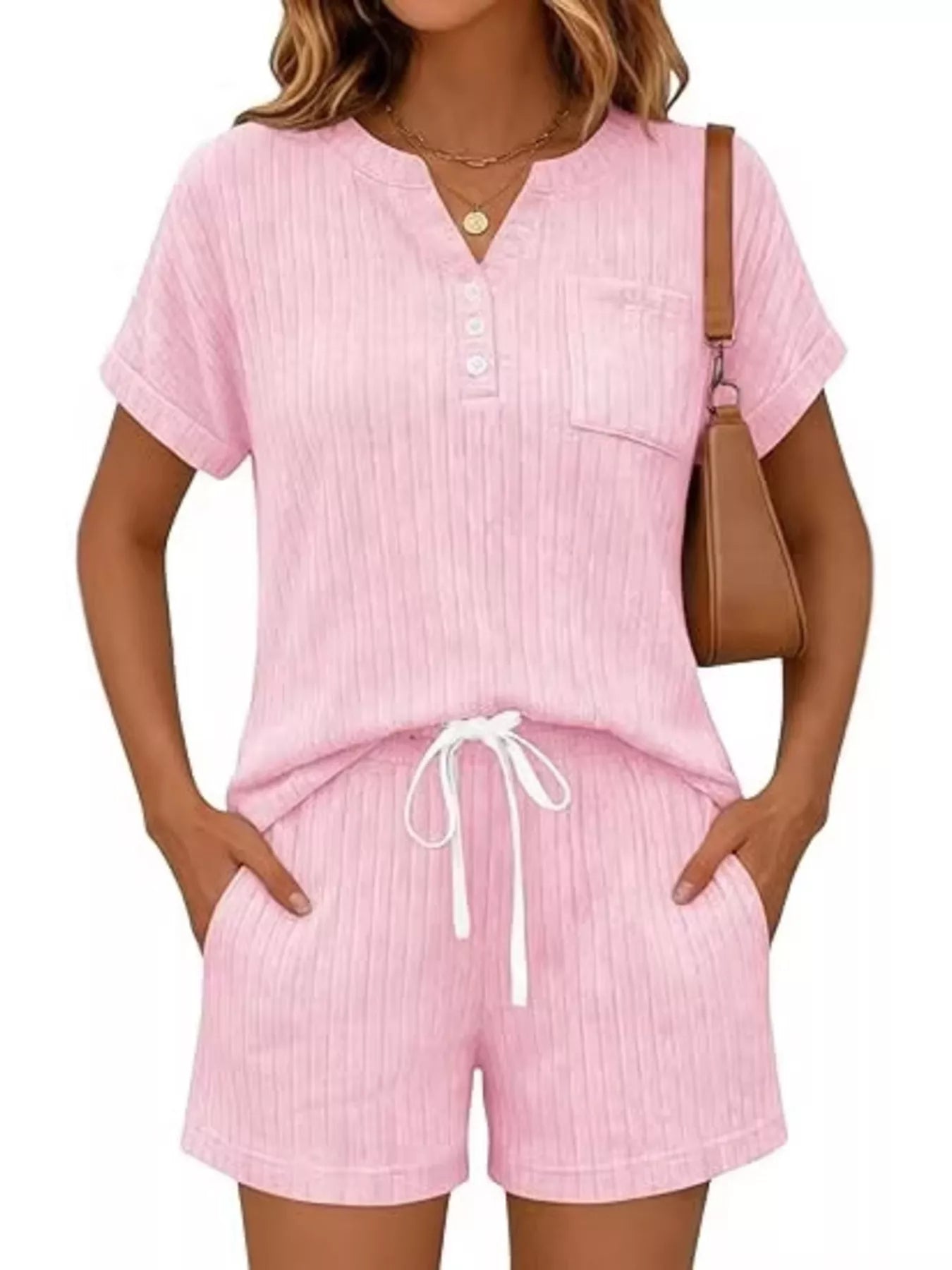 Casual Ribbed Knit Tee and Shorts Set