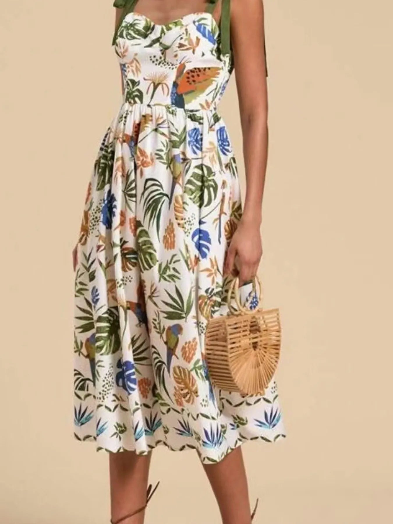 Tropical Print Tie-Shoulder Sweetheart Neck Midi Dress