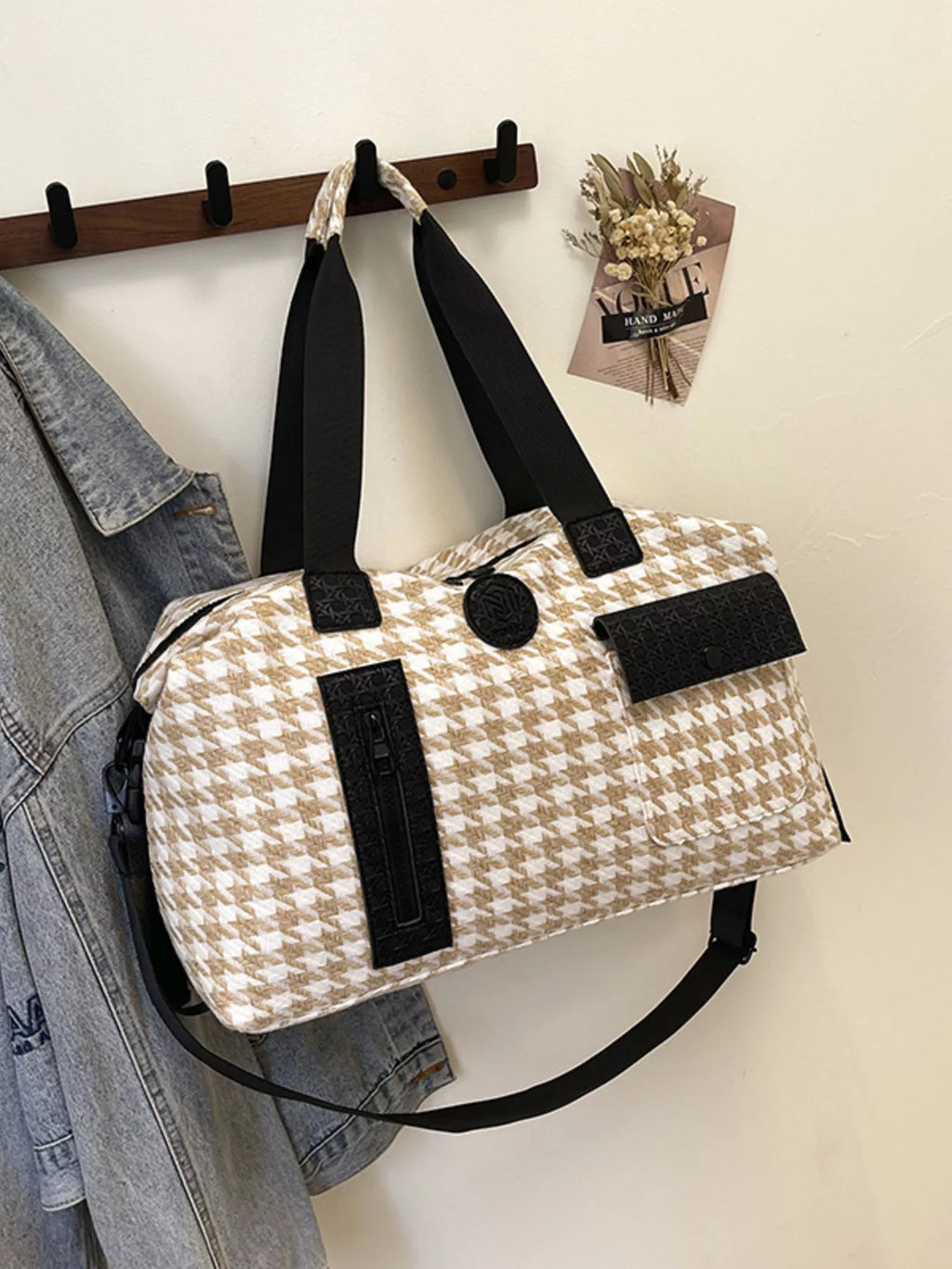 Houndstooth Patterned Travel Duffle Bag