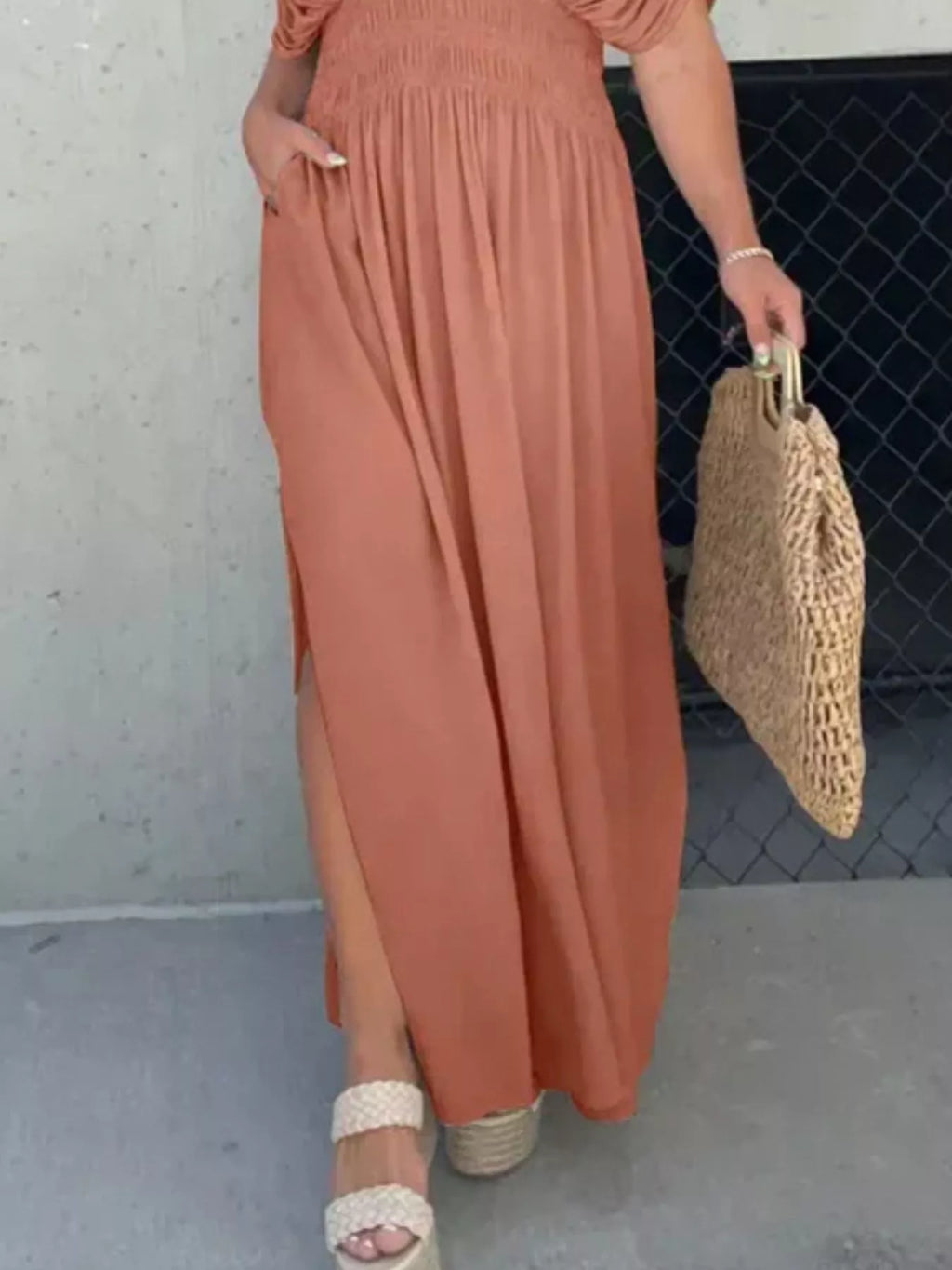 Full Size Slit V-Neck Smocked Waist Maxi Dress Plus Size