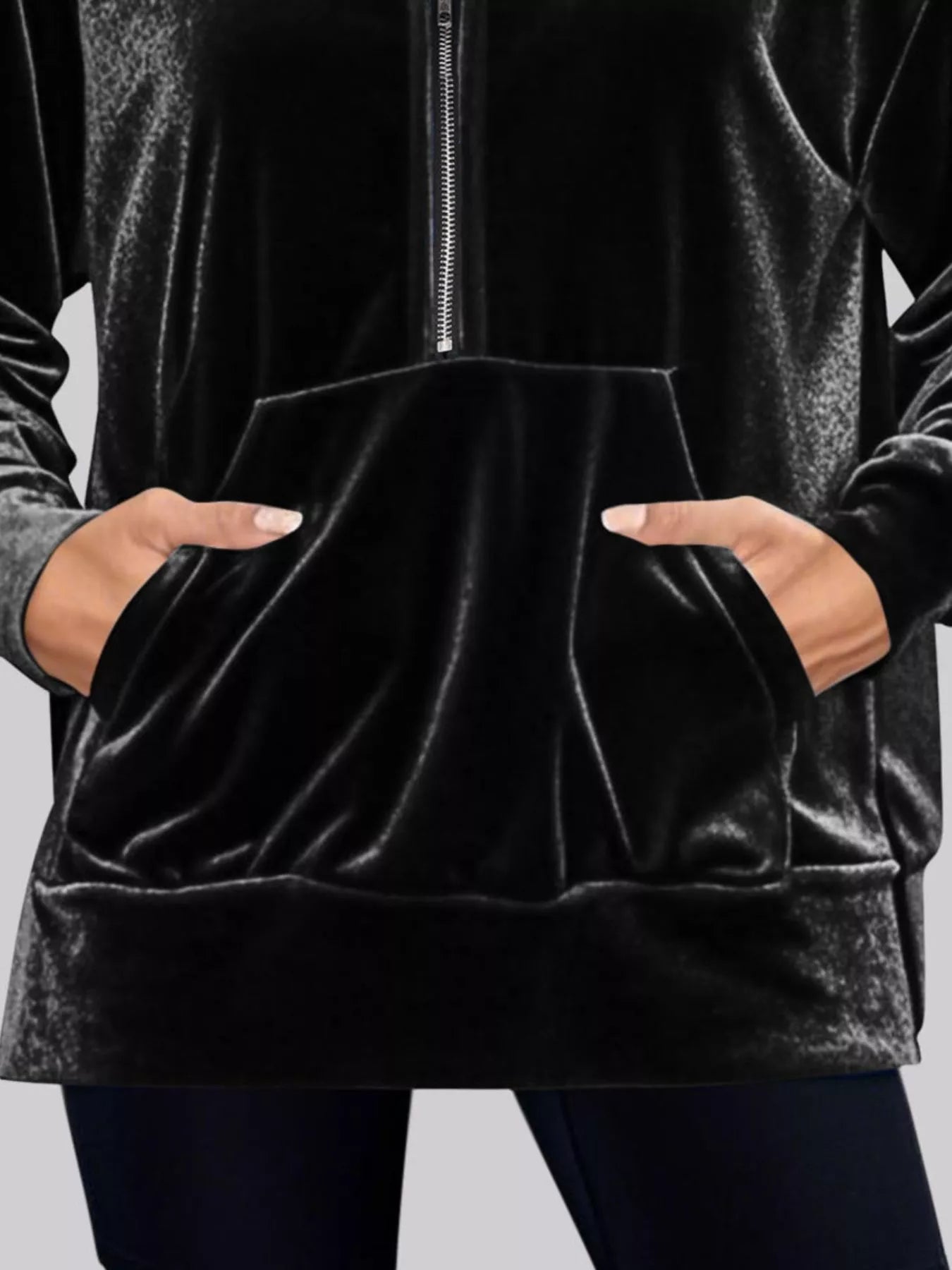 Full Size Velvet Half Zip Hoodie with Kangaroo Pocket Plus Size