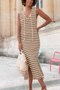 Stripe Tie V Neck Sleeveless Side Slit Midi Dress