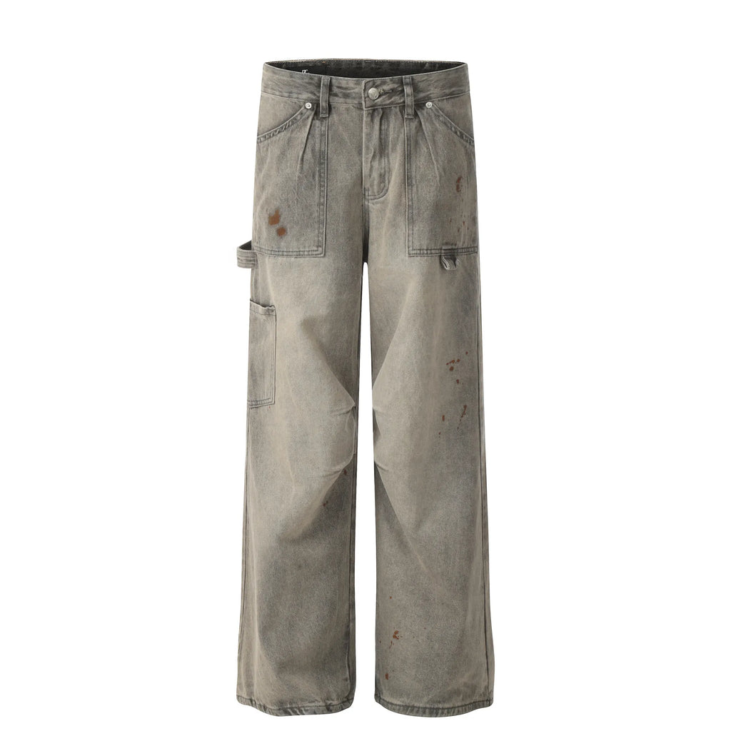 Men's Vintage Washed Cargo Pocket Wide-Leg Jeans