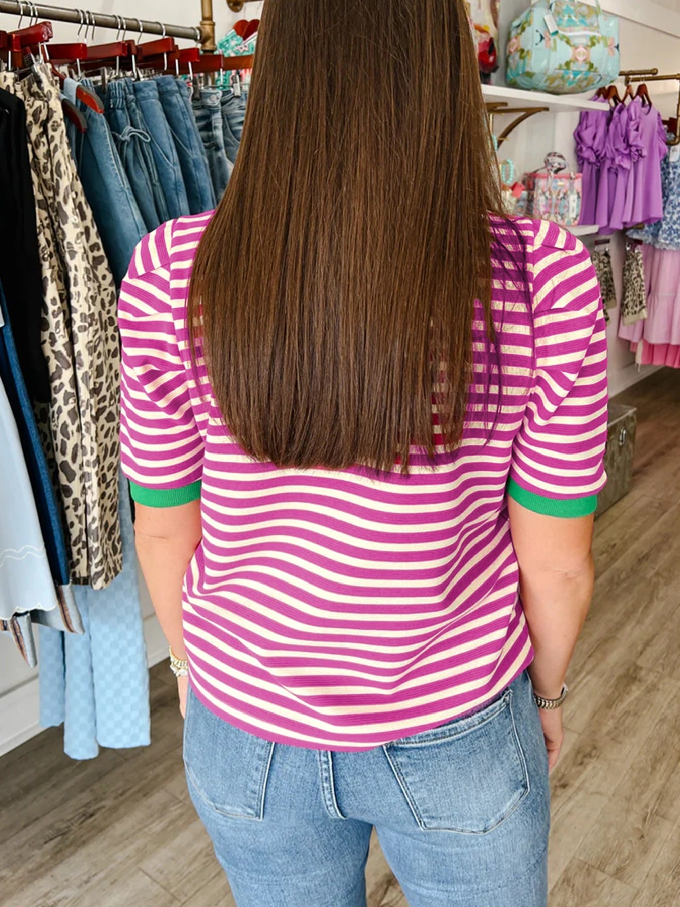 Stripe Short Puff Sleeve Contrast Trim Round Neck Tee