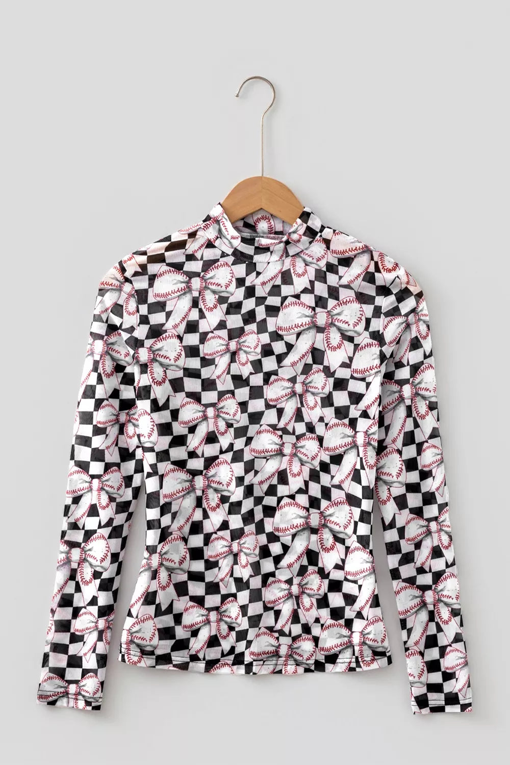 Checkered Baseball Bow Print High Neck Long Sleeve Mesh Top