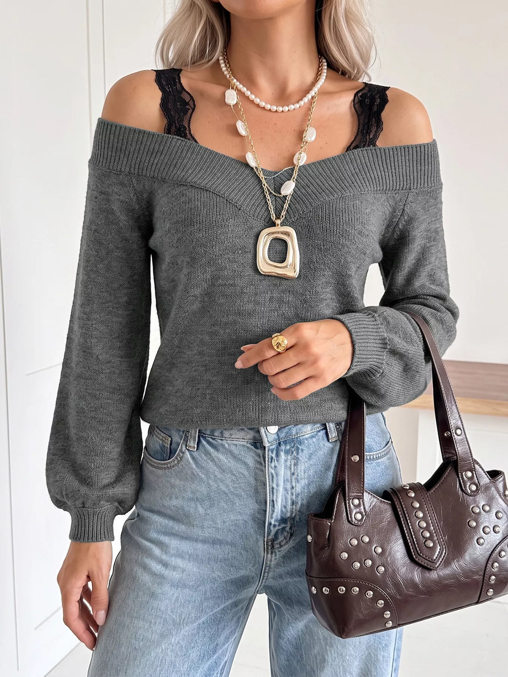 Off-Shoulder Lace Trim Sweater