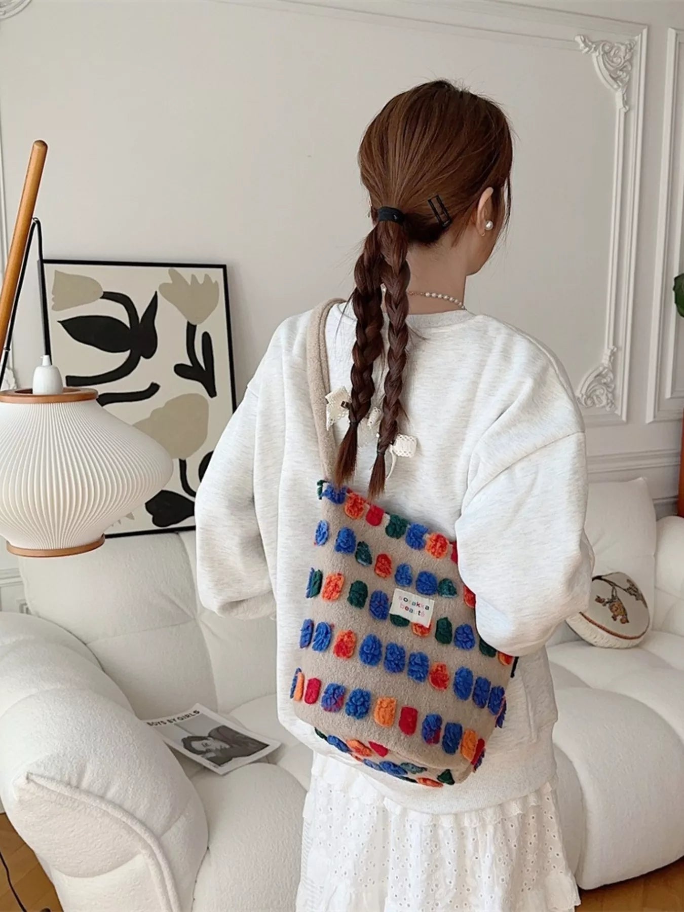 Colorful Pom-Pom Plush Crossbody Bag