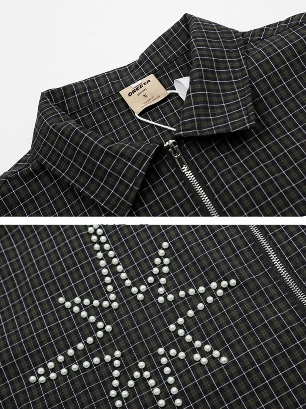 Men's Pearl Embellished Plaid Zip-Up Shirt