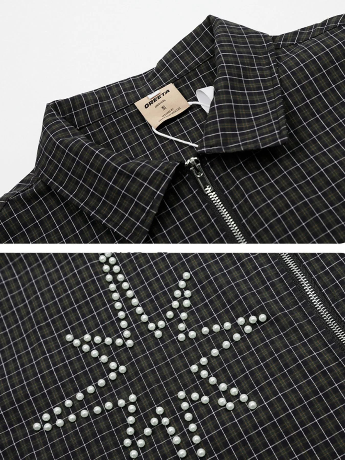 Men's Pearl Embellished Plaid Zip-Up Shirt