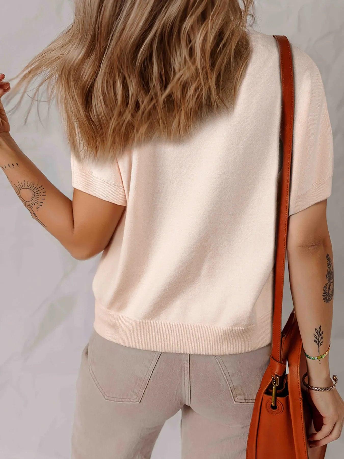 Pearl Embellished Bow Detail Short Sleeve Sweater