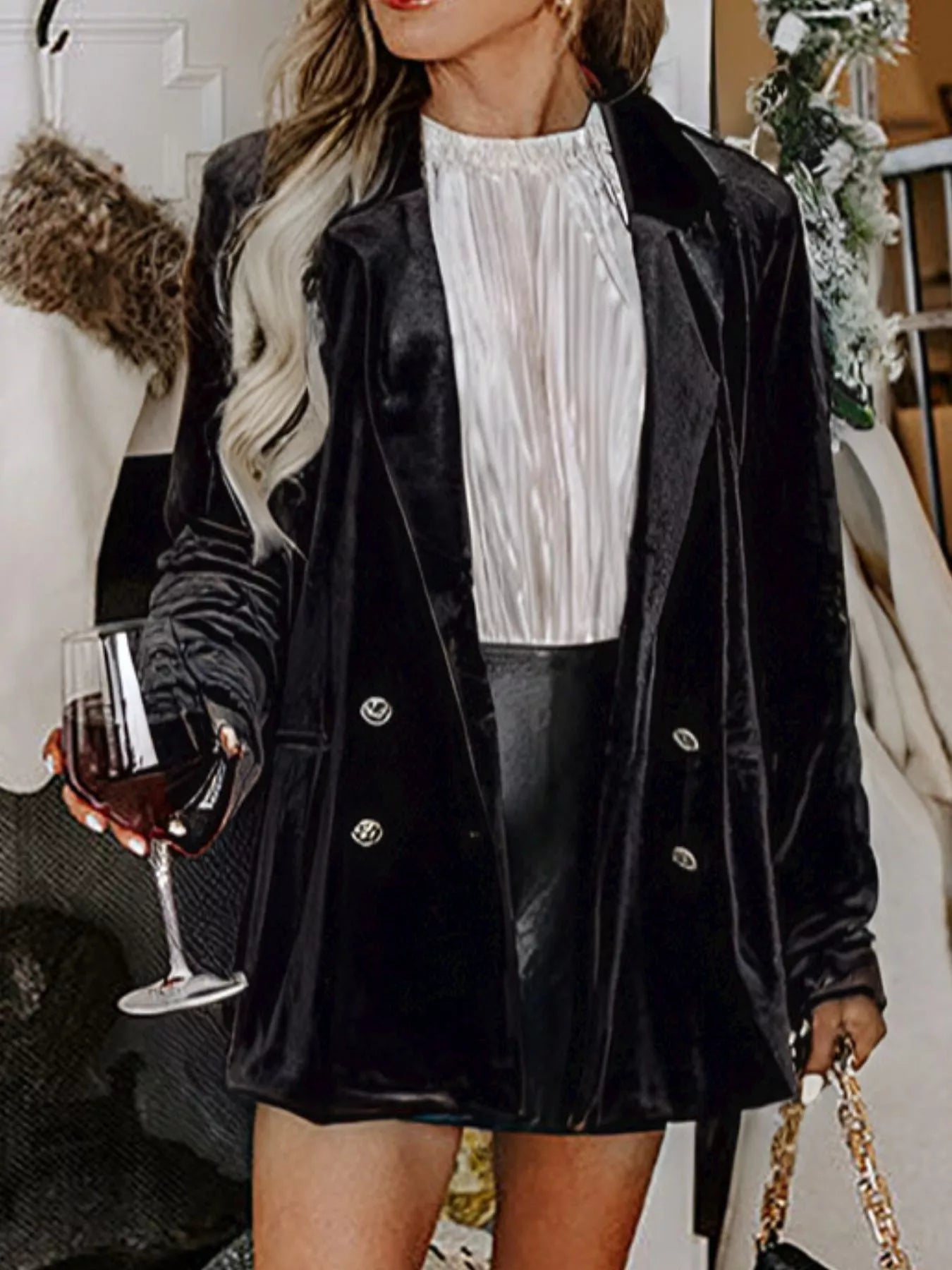 Velvet Lapel Collar Button Up Blazer