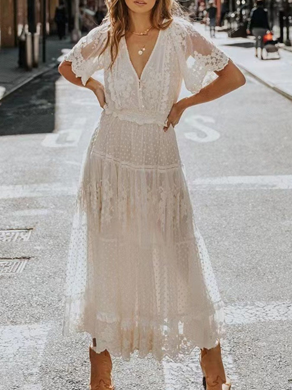 Full Size Lace Bohemian Short Sleeve Maxi Dress Plus Size