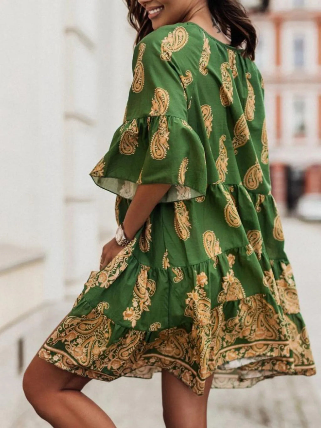 Paisley Print Tie Neck Half Sleeve Mini Dress