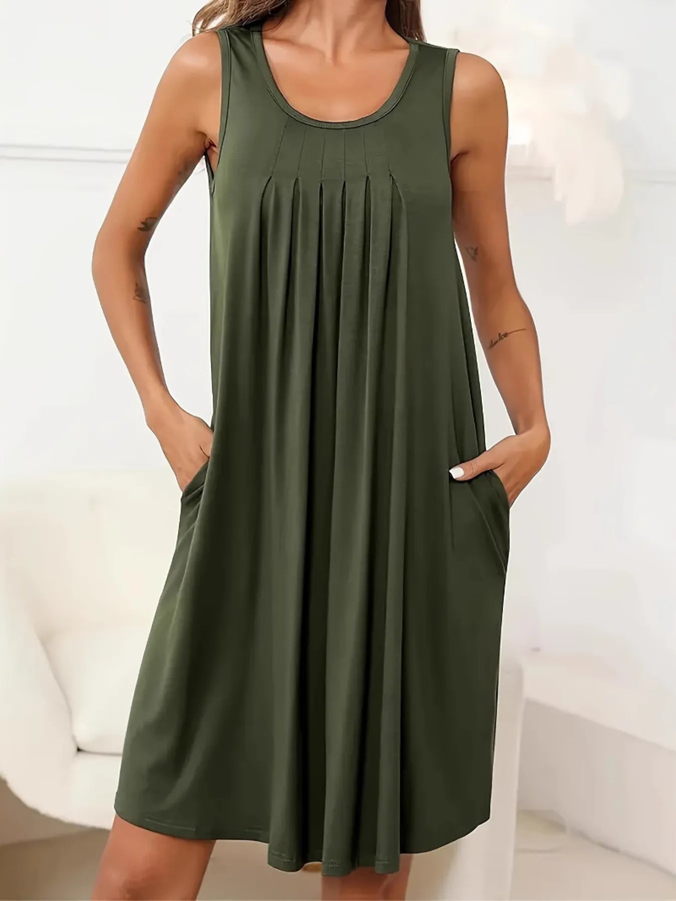 Flowy Pleated Tank Dress with Pockets