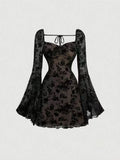 Full Size Sweetheart Neck Flared Sleeve Mini Dress Plus Size