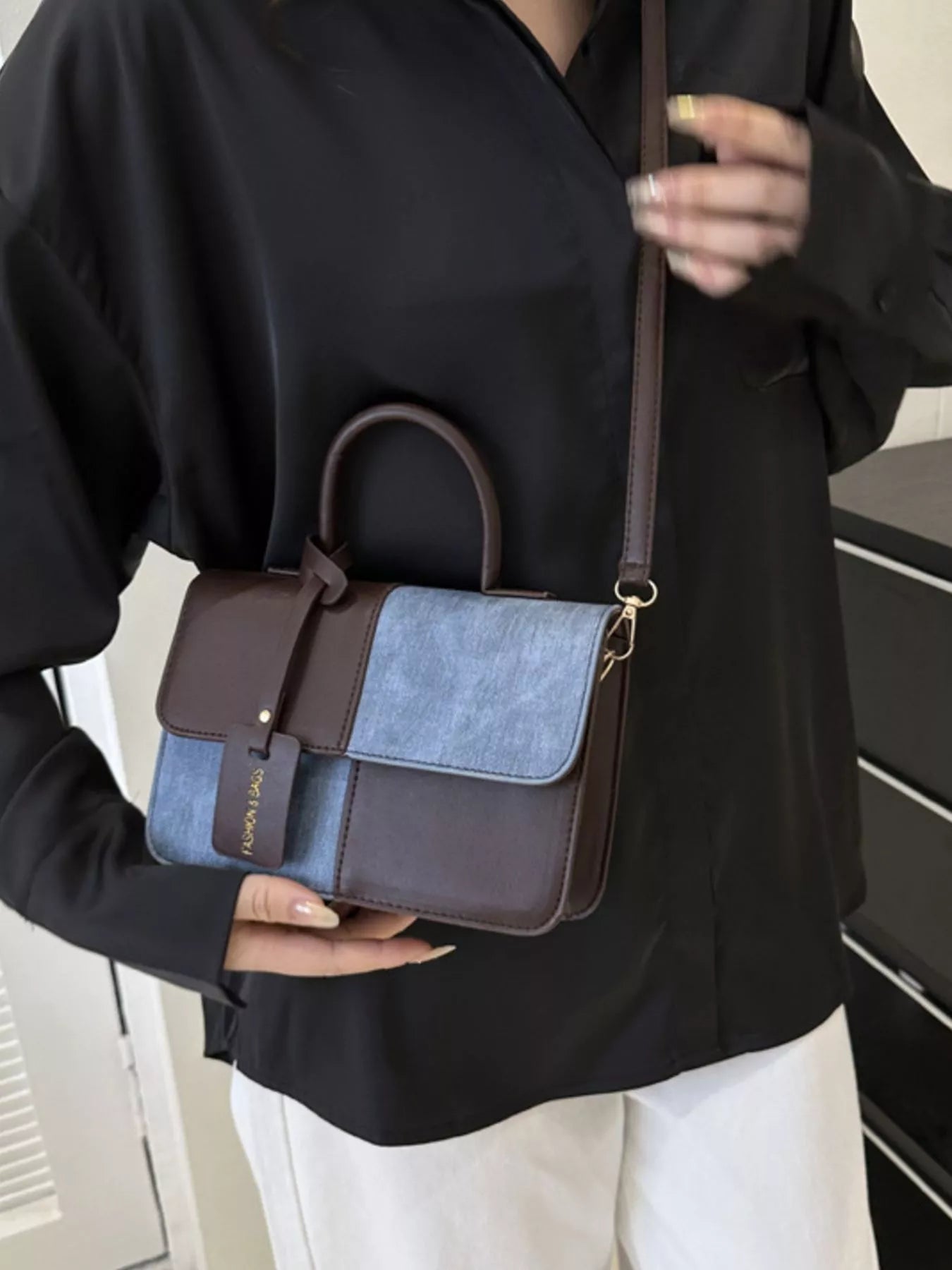 Two-Tone PU Leather Crossbody Bag