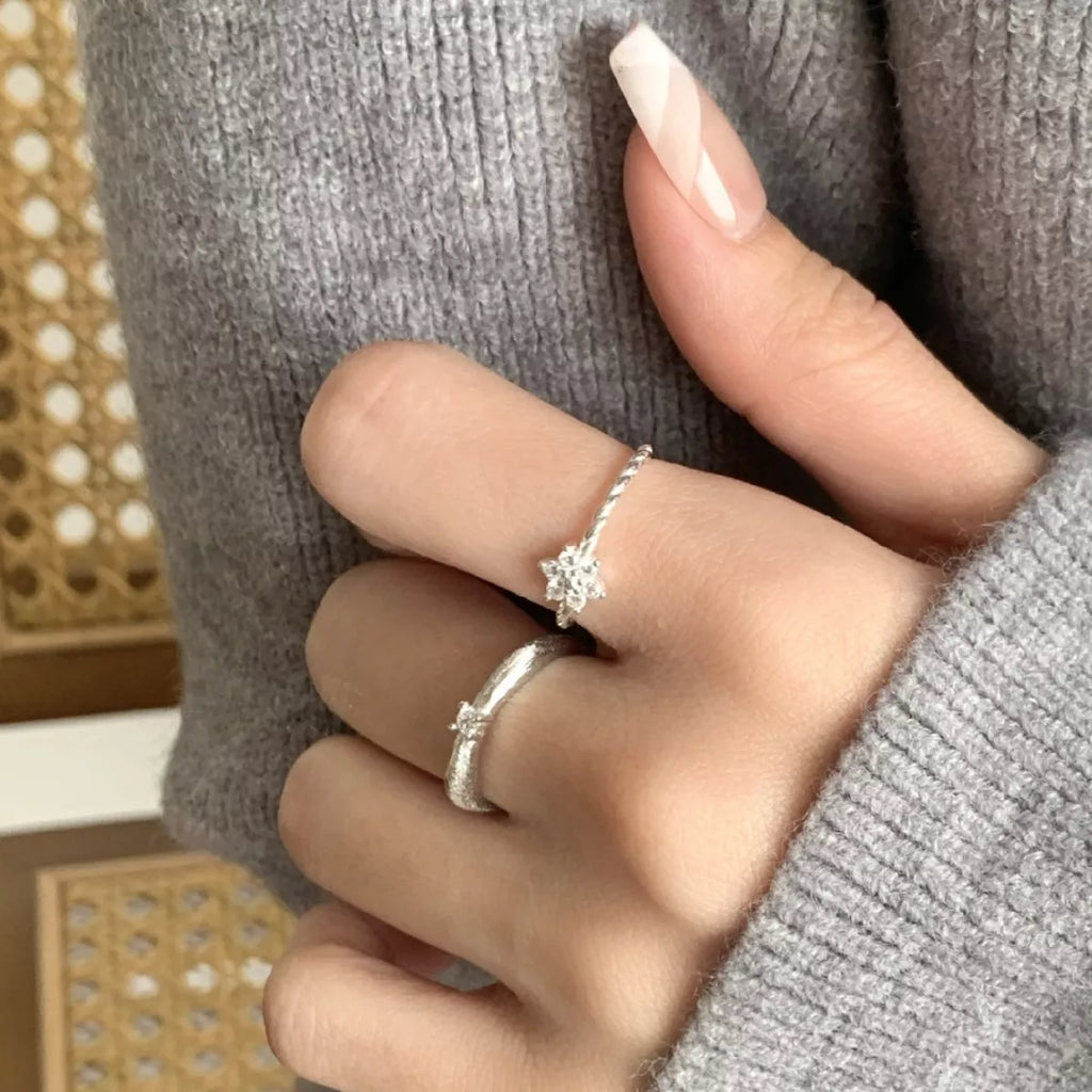 925 Sterling Silver Zircon Flower Open Ring