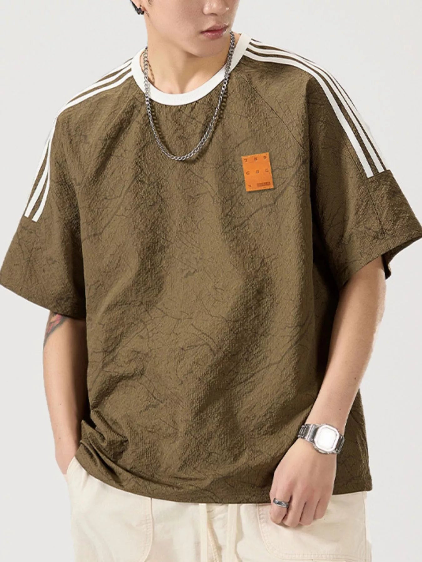 Men's Full Size Striped Shoulder Relaxed Fit T-Shirt Plus Size
