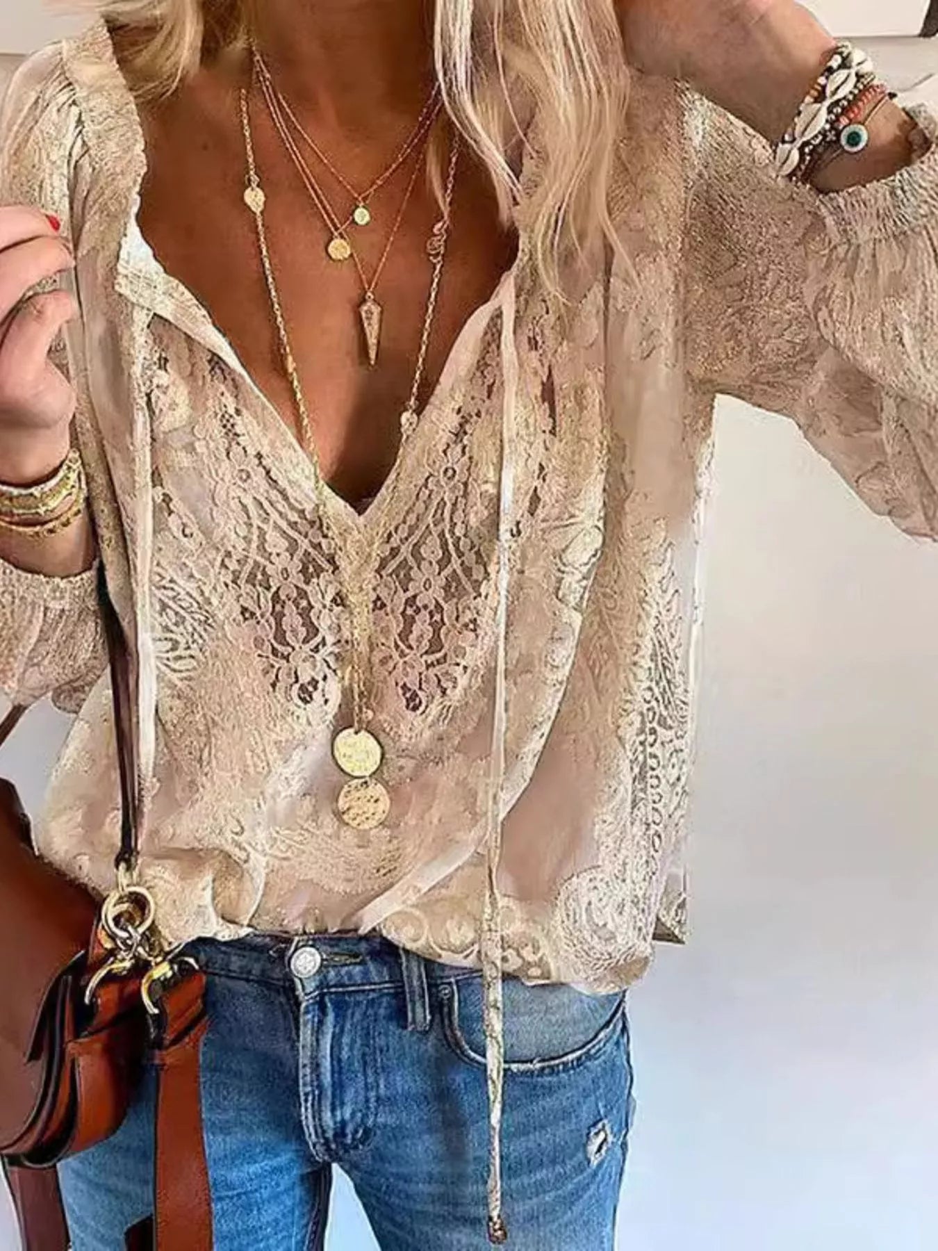Lace Tie-Neck Blouse