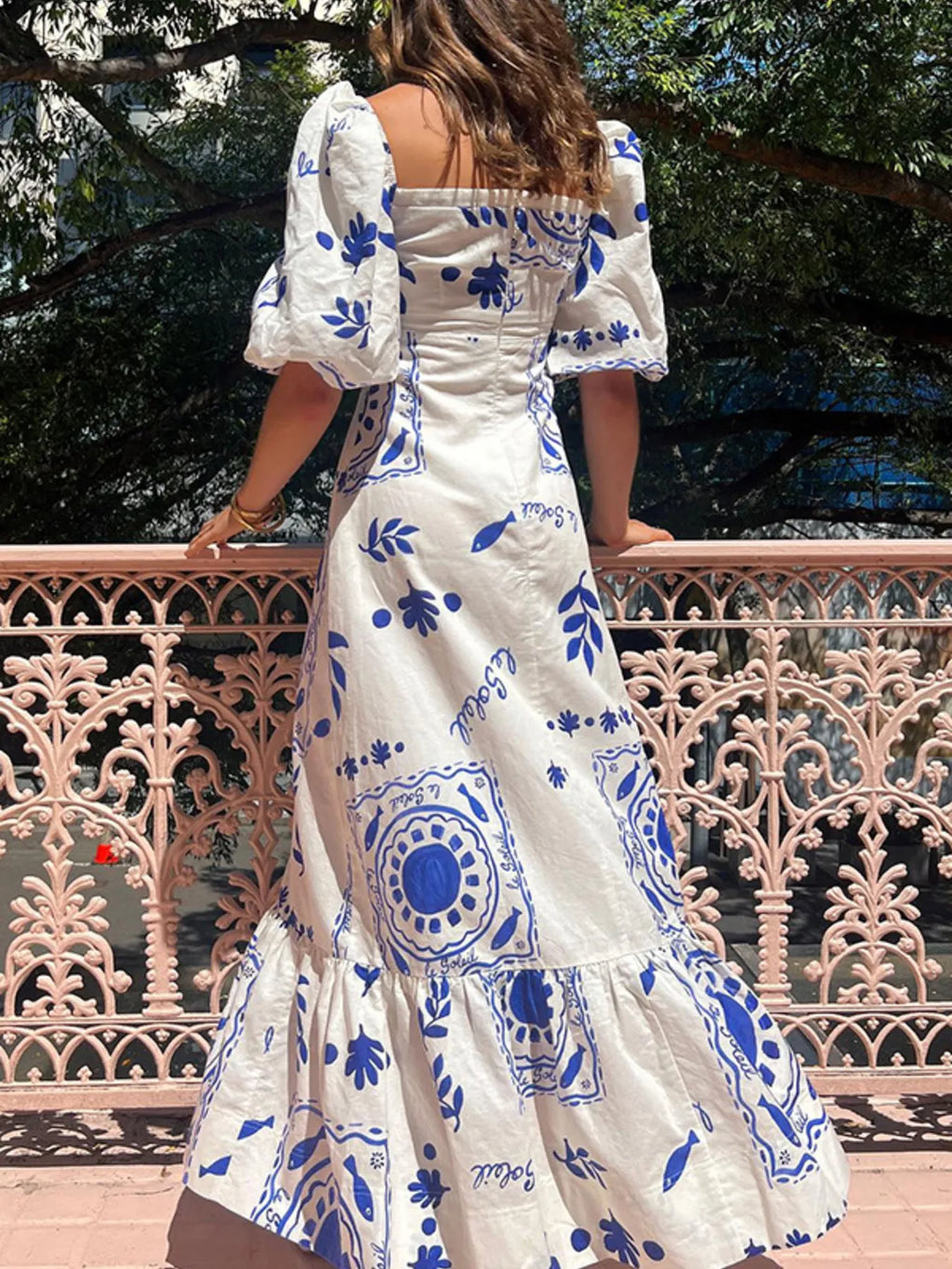 Floral Square Neck Puff Sleeve Maxi Dress with Ruffle Hem