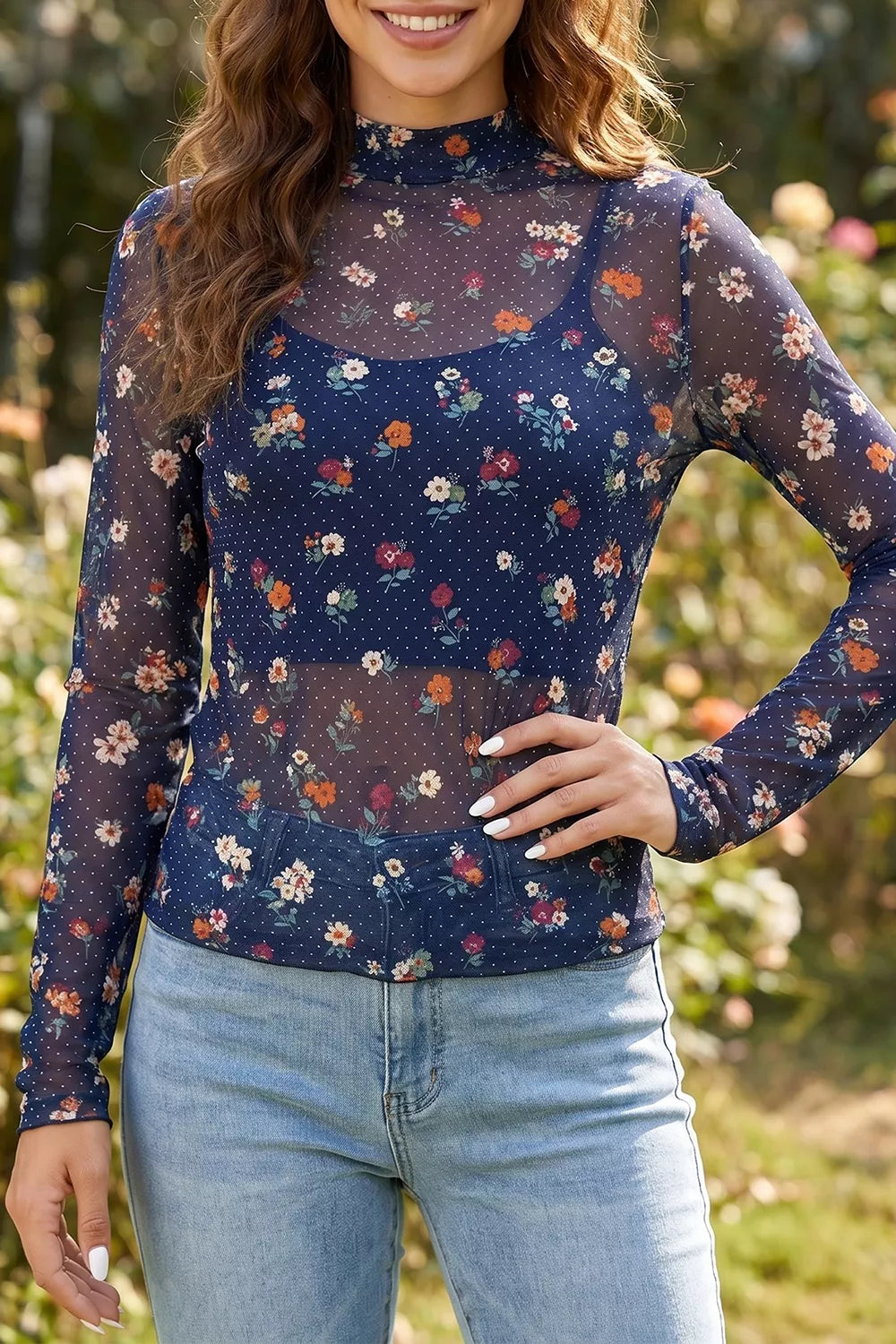 Polka Dot Floral Mesh Long Sleeve High Neck Pullover Sheath Top