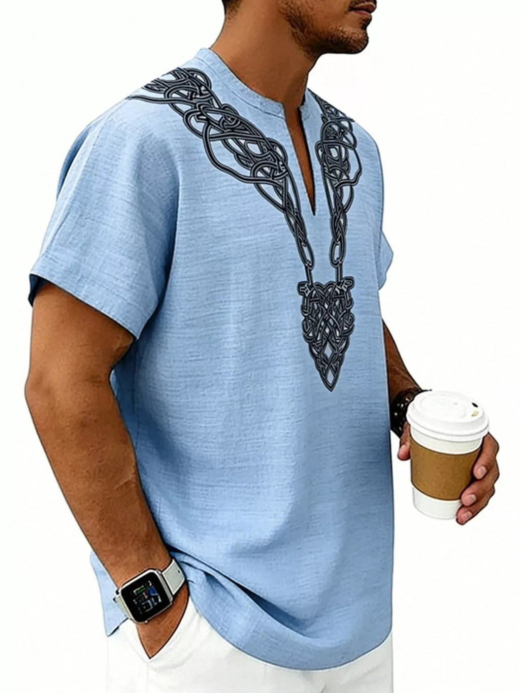 Men's Full Size Notched Printed Short Sleeve Blouse Plus Size