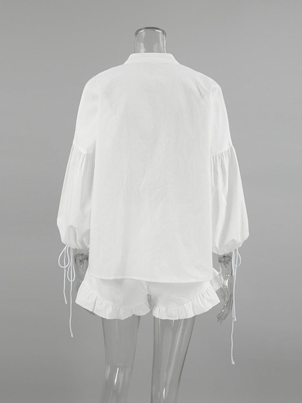 Tie Neck Balloon Sleeve Blouse and Shorts Set
