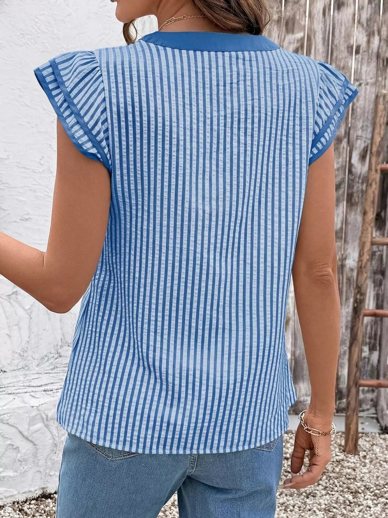 Striped Ruffle Sleeve Blouse