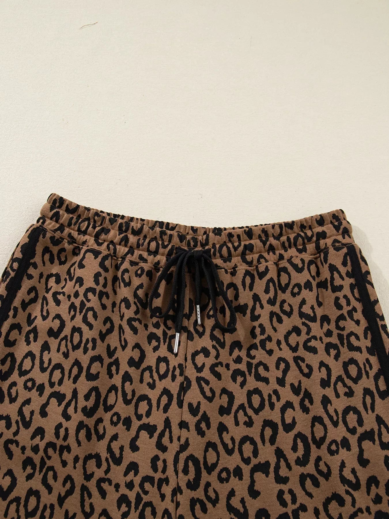Striped Trim Leopard Long Sleeve Top Drawstring Pant Set