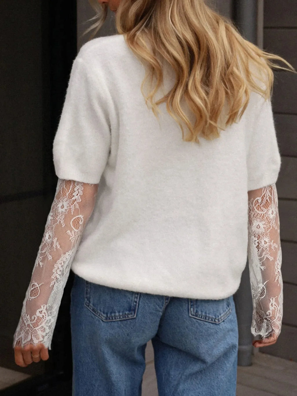 Lace Sleeve Patchwork Faux Two-piece Fuzzy Sweater