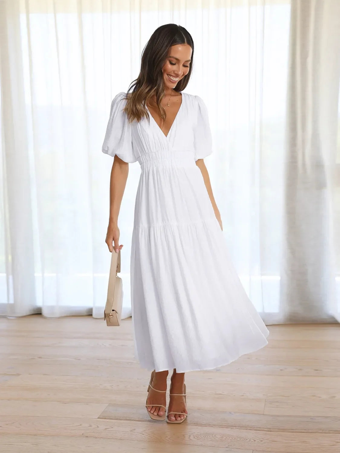 Surplice Half Puff Sleeve Midi Dress