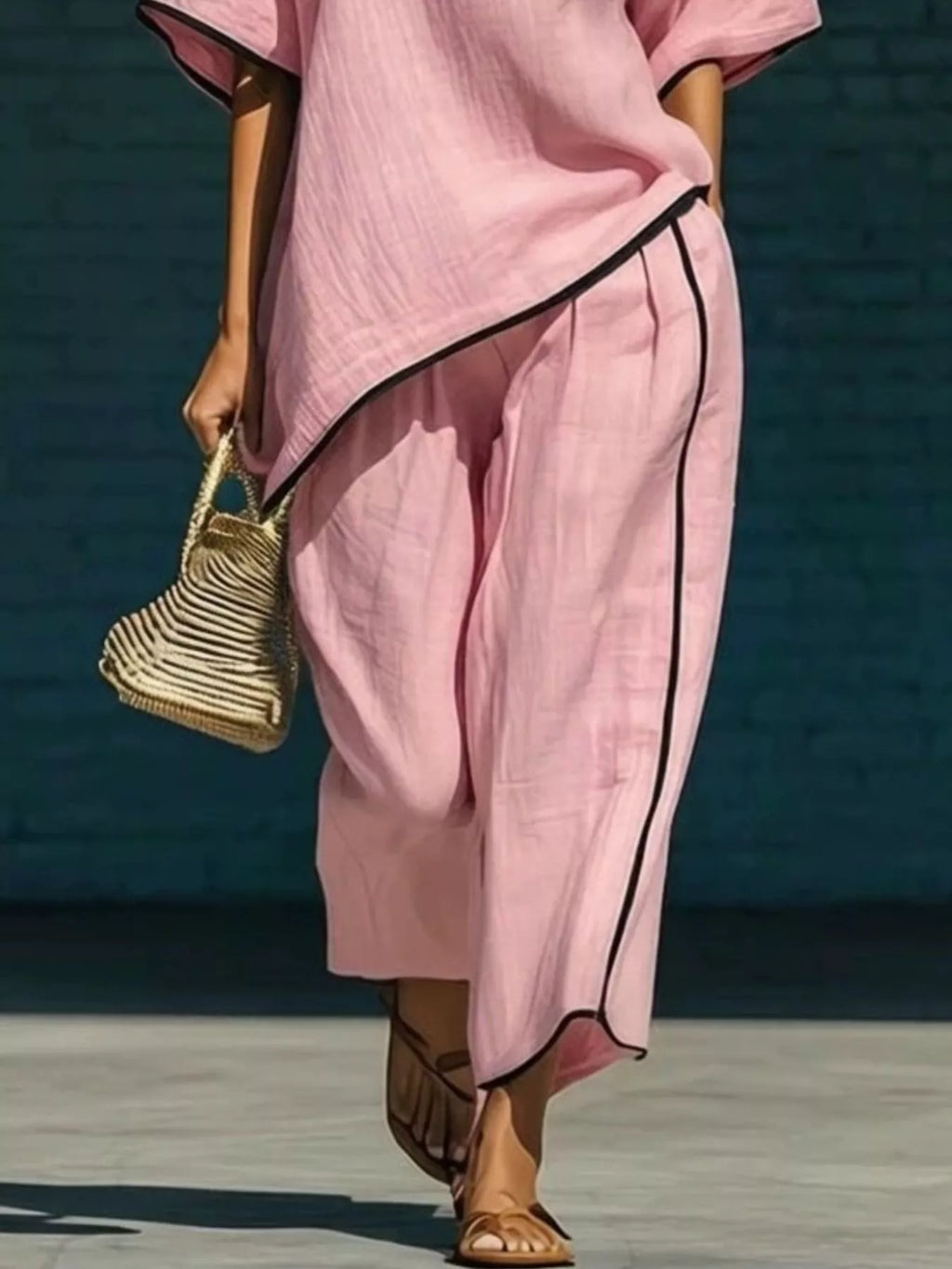 Full Size Contrast Trim Half Sleeve Top and Pants Set Plus Size