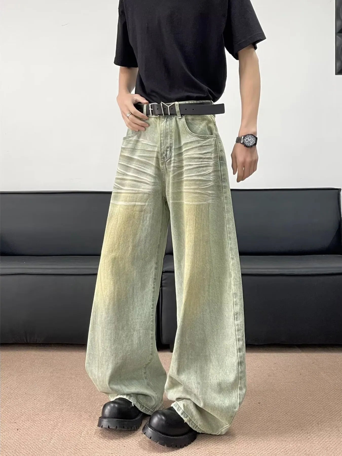 Men's Full Size Wash Wide Leg Jeans Plus Size