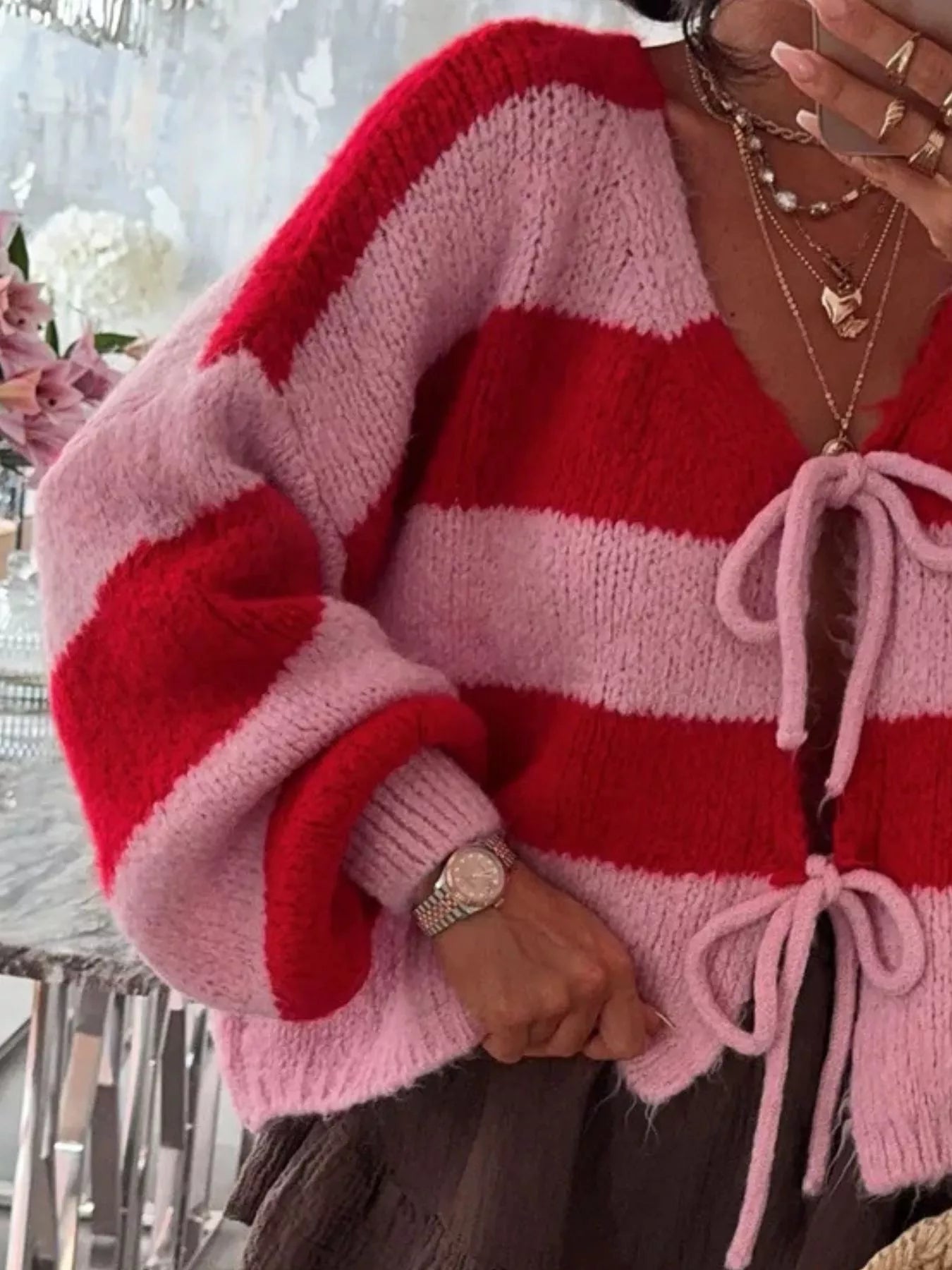 Striped Tie-Front Knit Cardigan