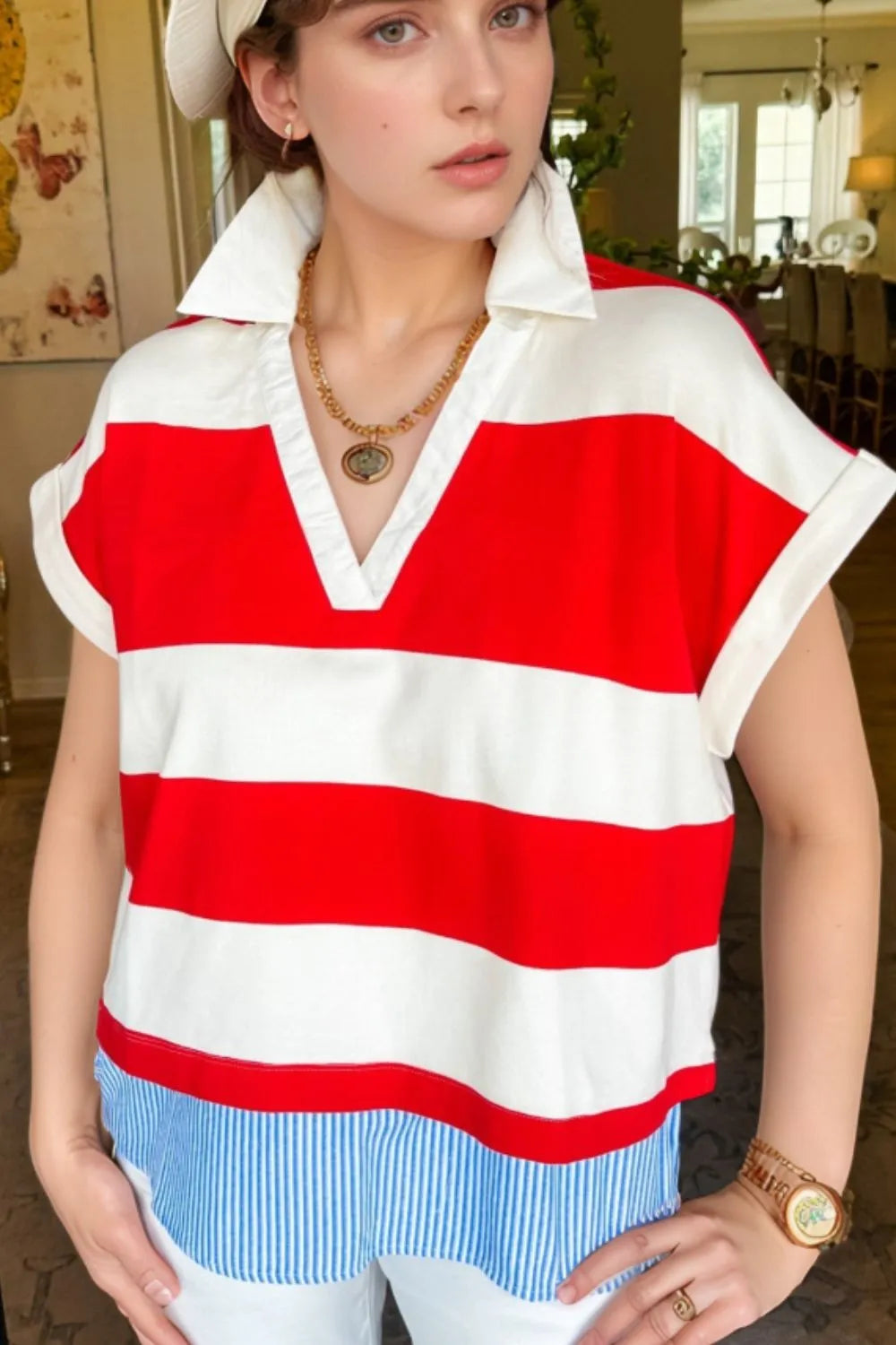 Stripe Collar V Neck Cuffed Dolman Short Sleeve Top