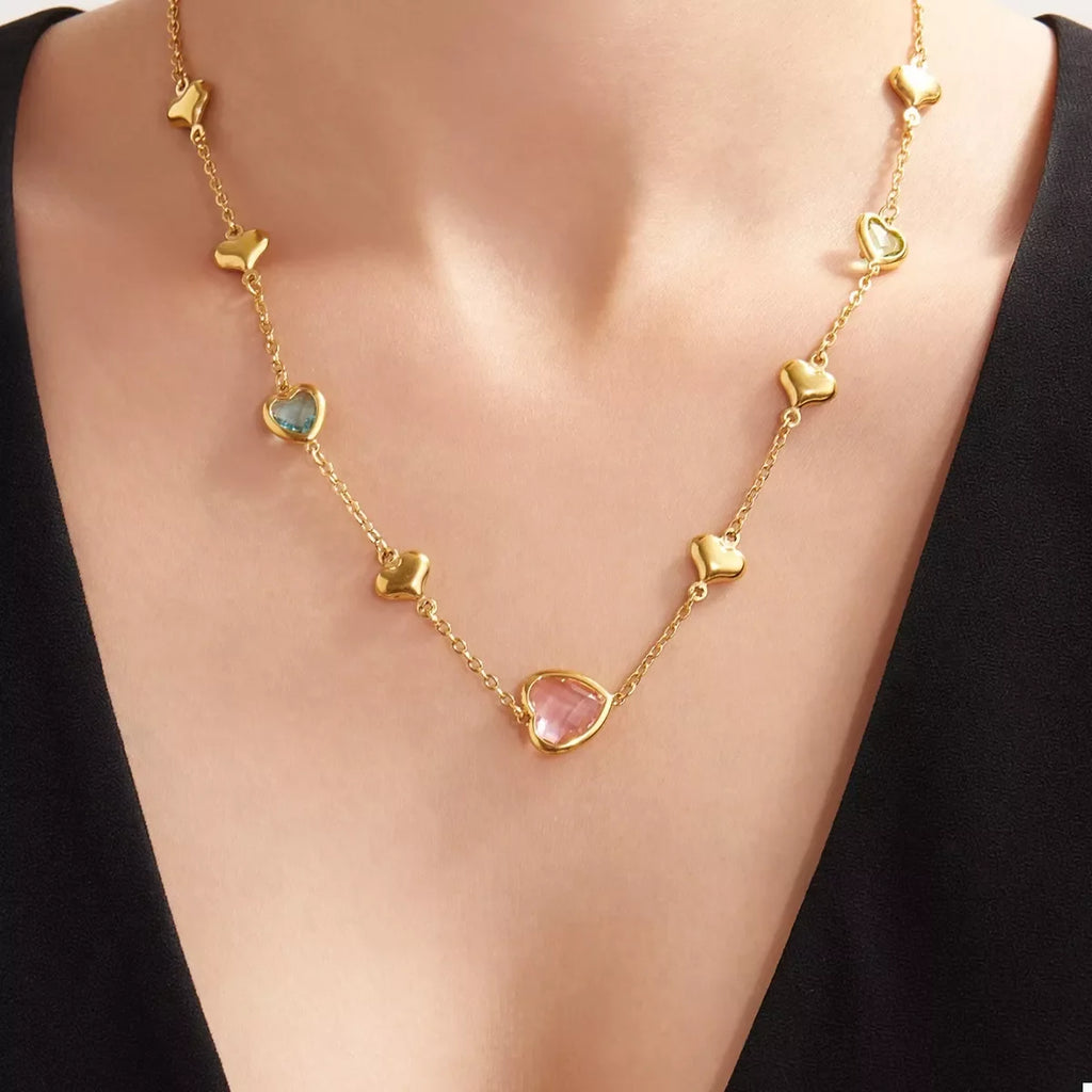 18K Gold-Plated Heart Necklace with Glass Stone