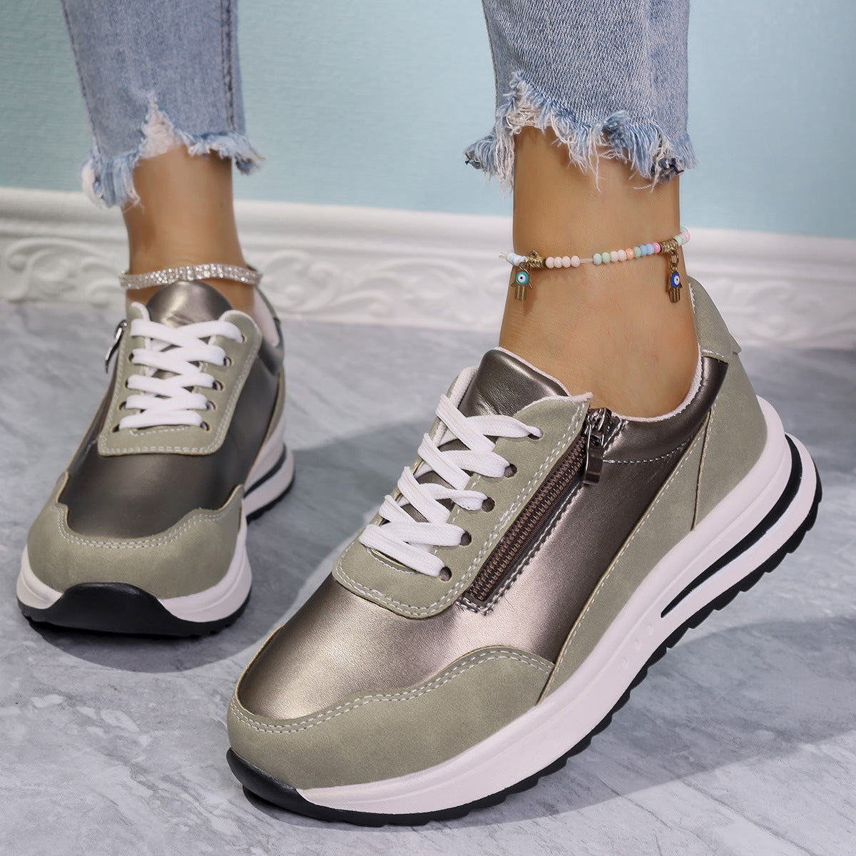 Zipper Detail Lace Up Sneakers